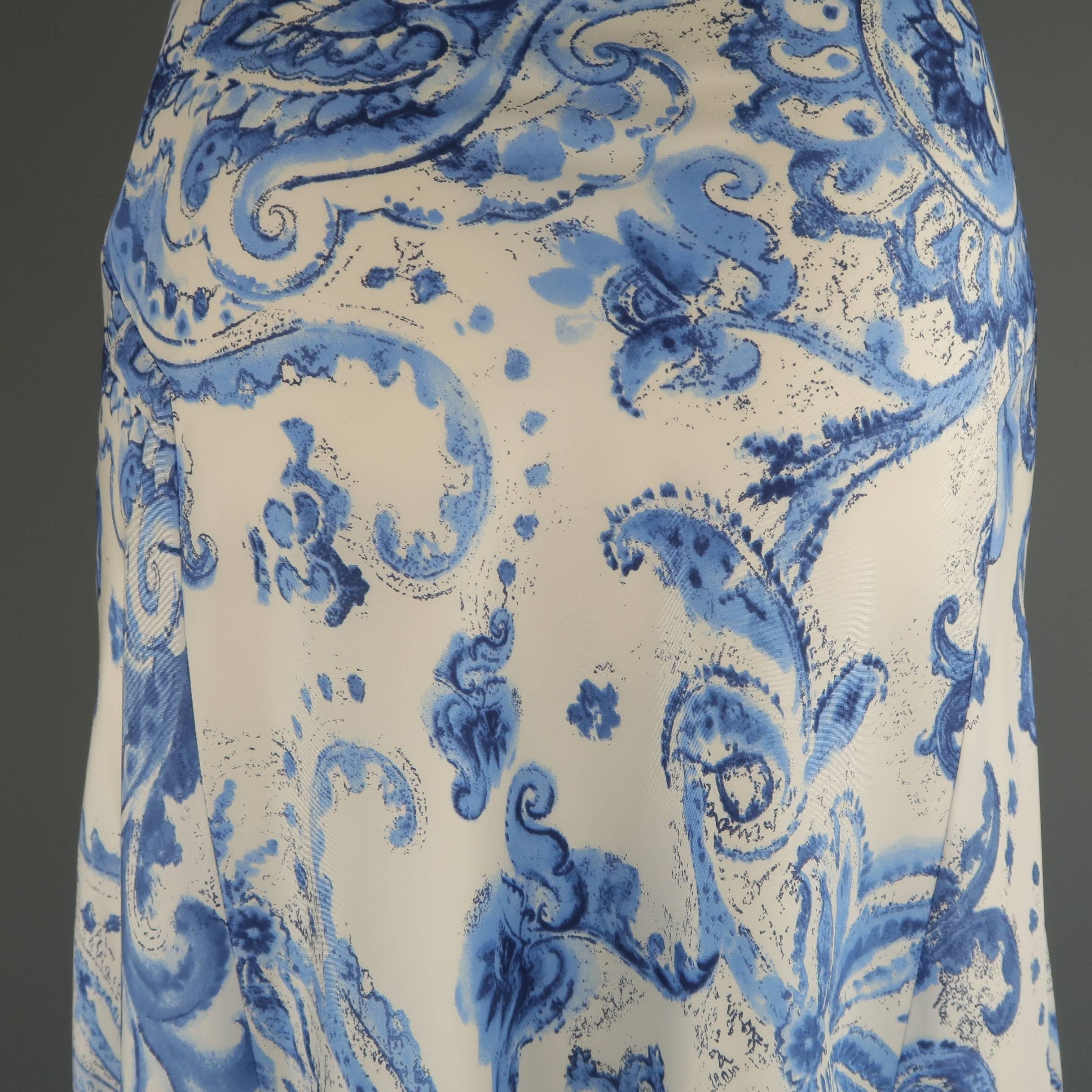 Gray RALPH LAUREN Size 6 White & Blue Floral Paisley Silk A line Flair Maxi Skirt