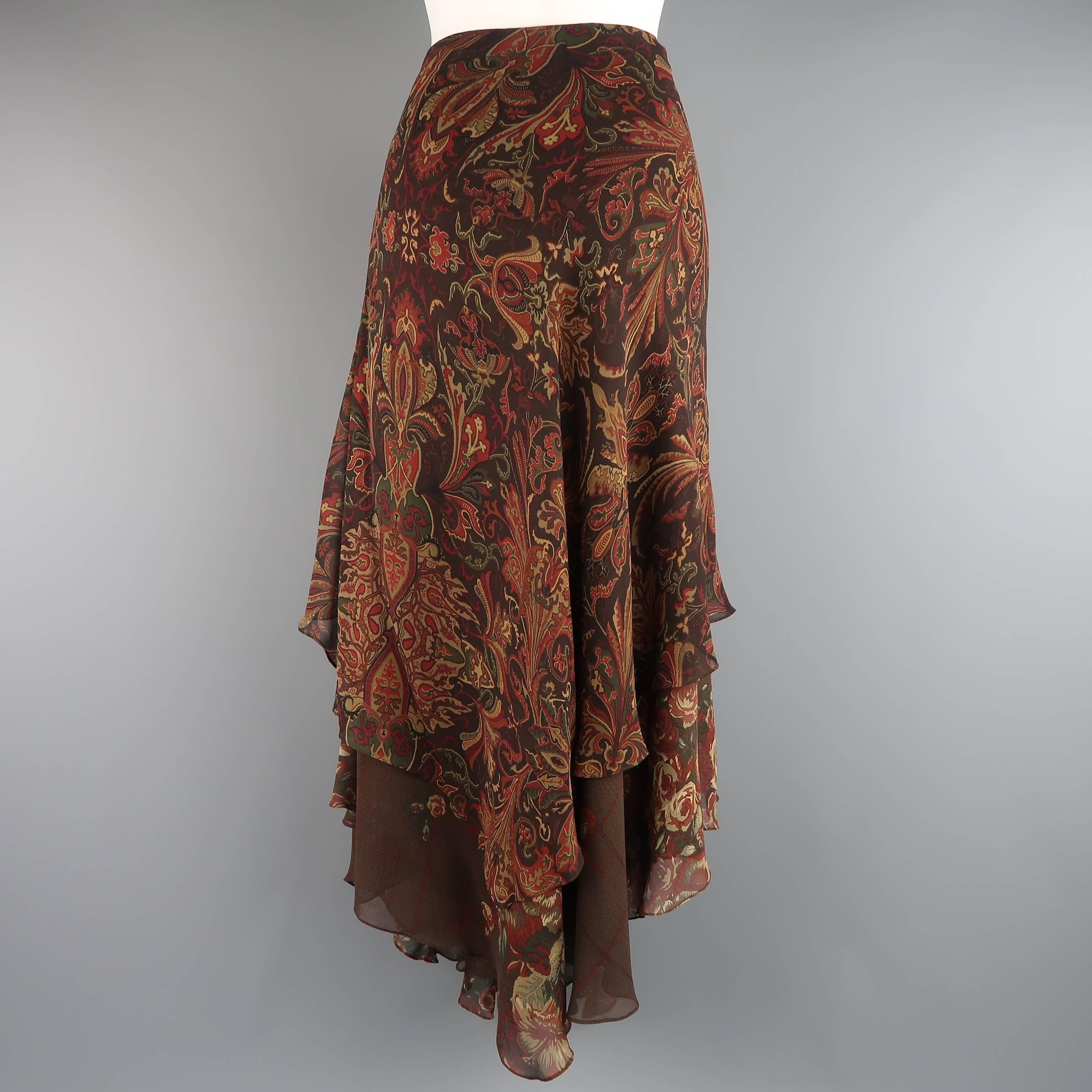RALPH LAUREN Size 10 Brown & Red Paisley & Plaid Silk Layered Ruffle Skirt In Excellent Condition In San Francisco, CA