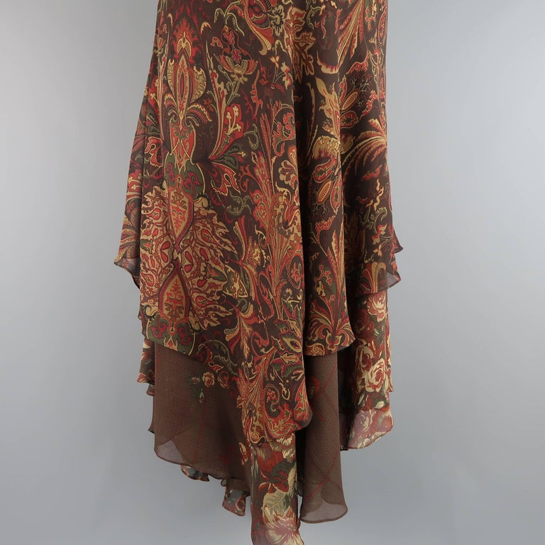 RALPH LAUREN Size 10 Brown Red Paisley Plaid Silk Layered Ruffle Skirt