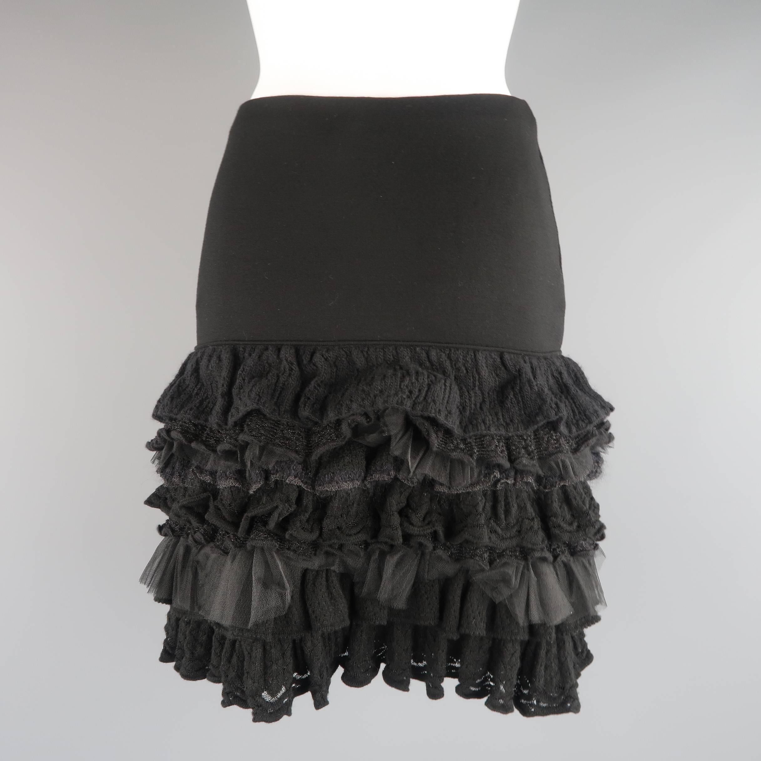 RALPH LAUREN COLLECTION Size M Black Drop Waist Wool & Tulle Ruffle Skirt In Excellent Condition In San Francisco, CA