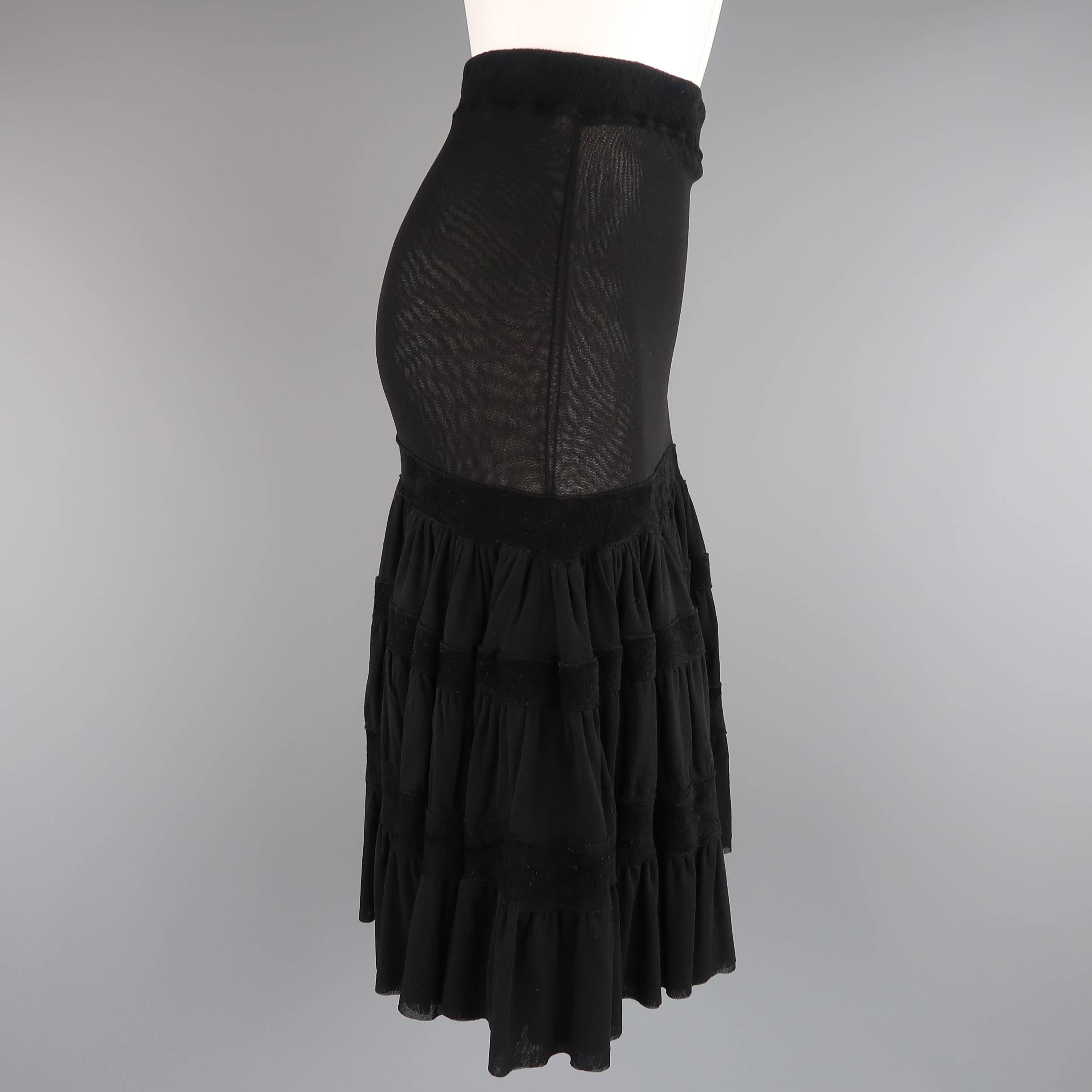 Jean Paul Gaultier Black Mesh Velour Trim Drop Waist Ruffle Skirt In Good Condition In San Francisco, CA
