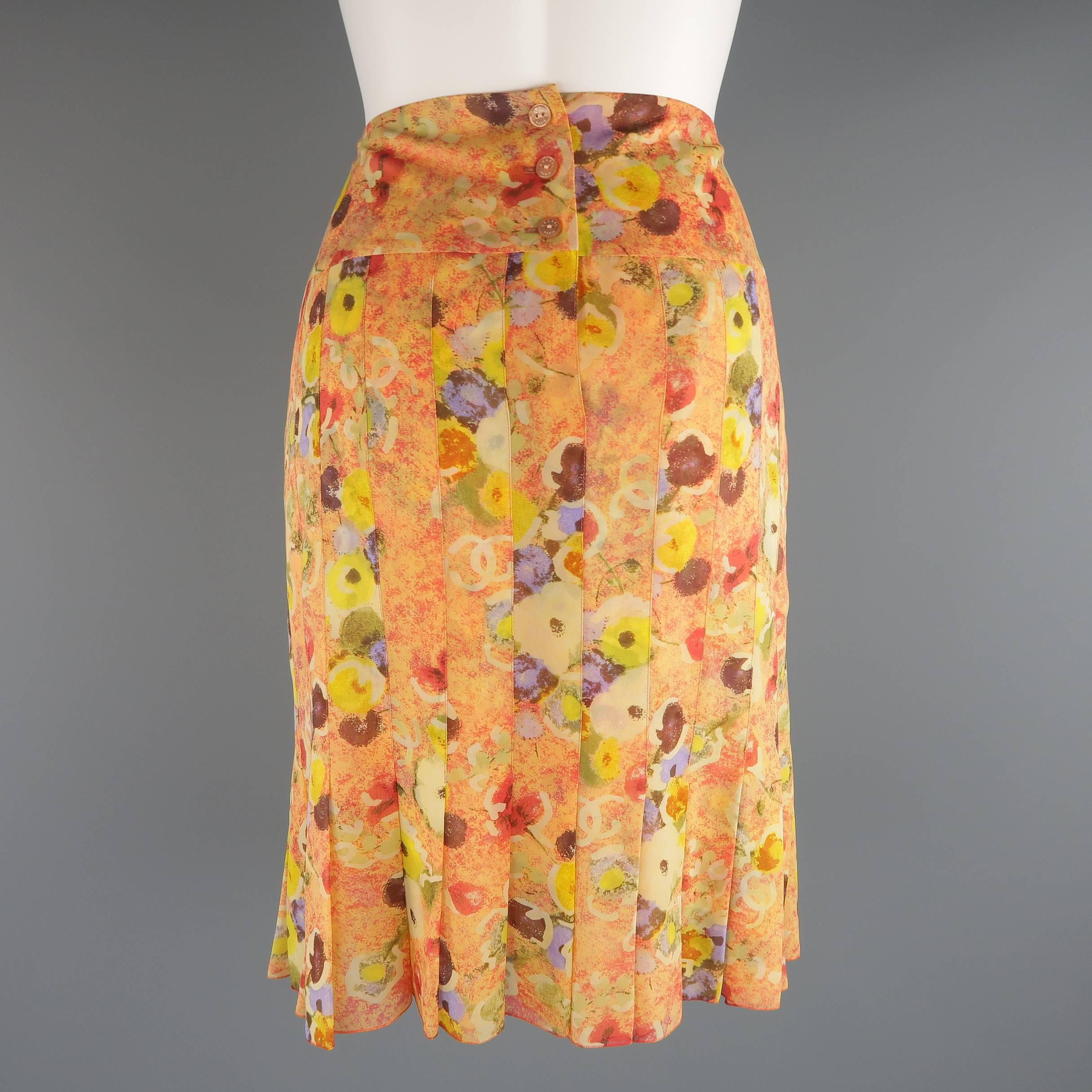 Women's Chanel Orange Floral Print Silk Chiffon Pleated Skirt, 2004 