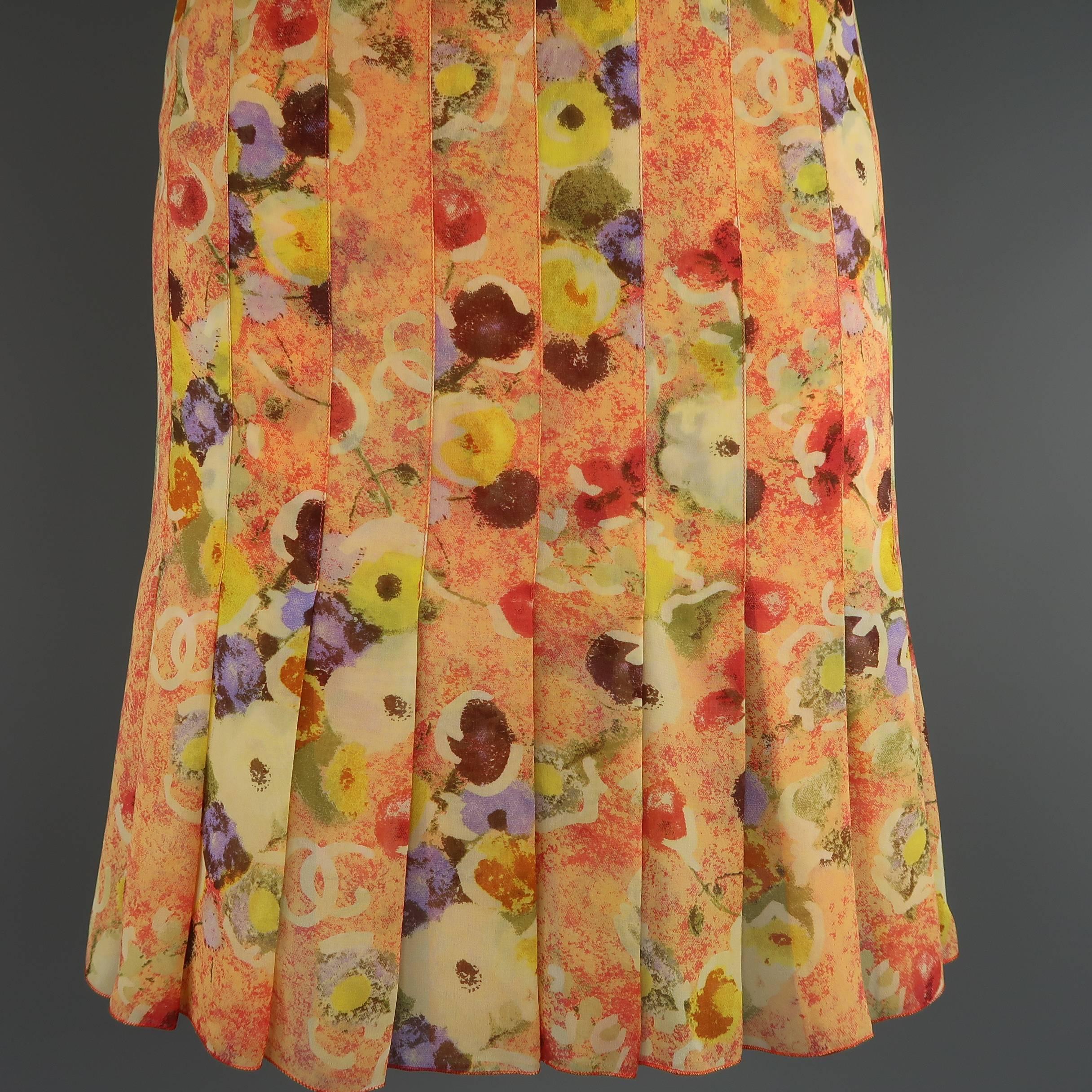 Chanel Orange Floral Print Silk Chiffon Pleated Skirt, 2004  In Excellent Condition In San Francisco, CA