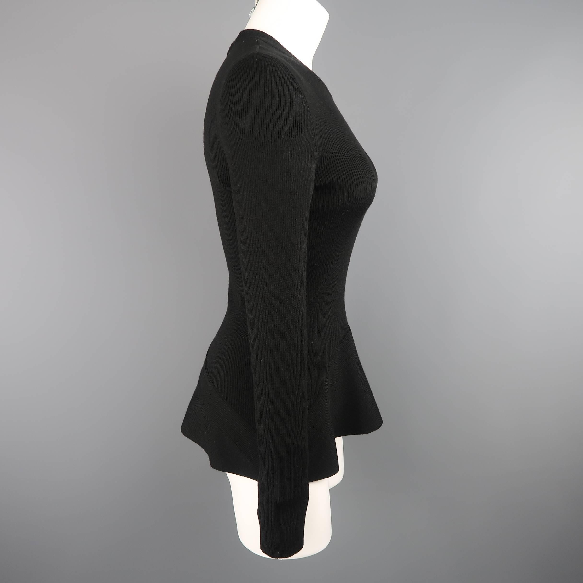 SALVATORE FERRAGAMO Size M Black Wool Ribbed Knit Asymmetrical Peplum Pullover 1