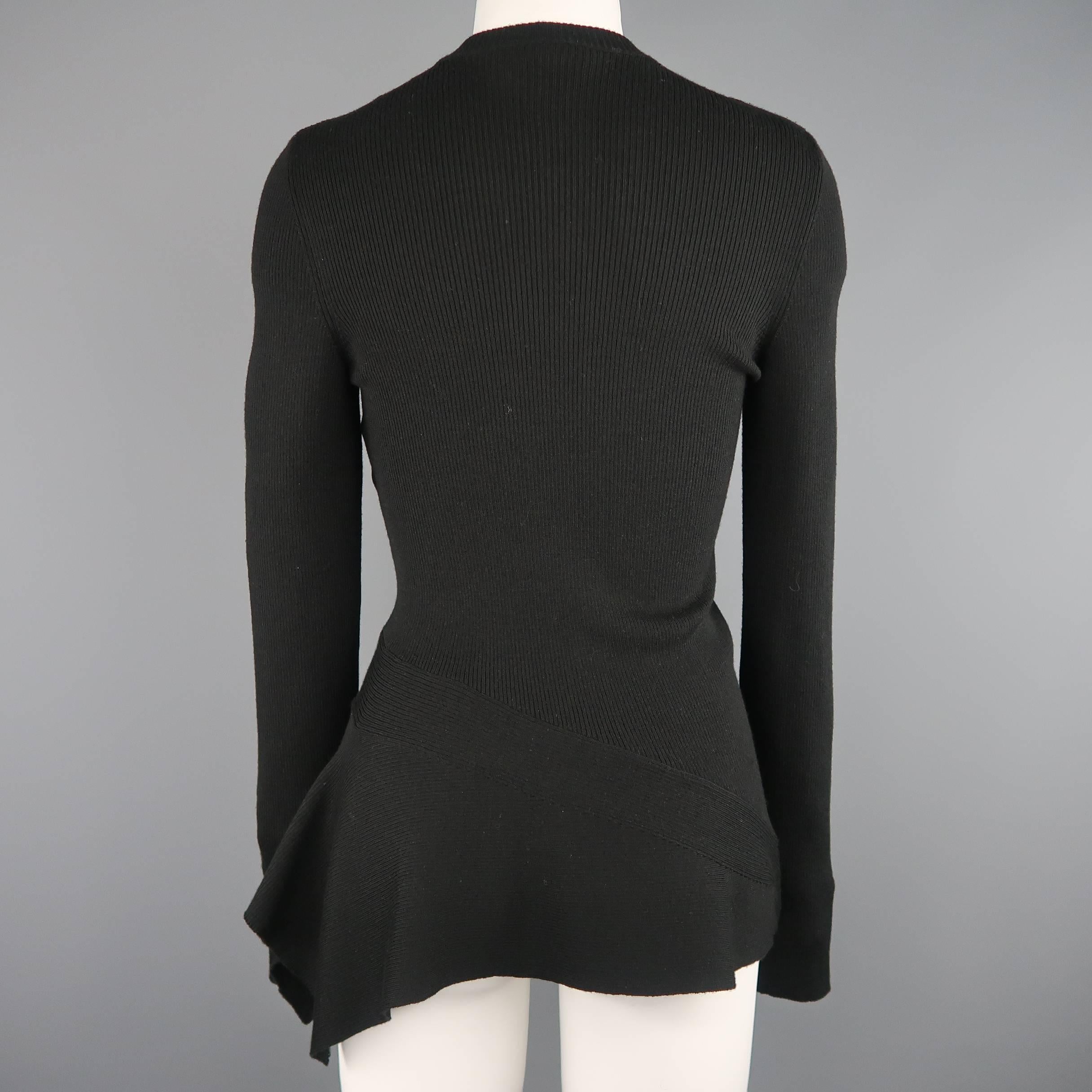 SALVATORE FERRAGAMO Size M Black Wool Ribbed Knit Asymmetrical Peplum Pullover 2