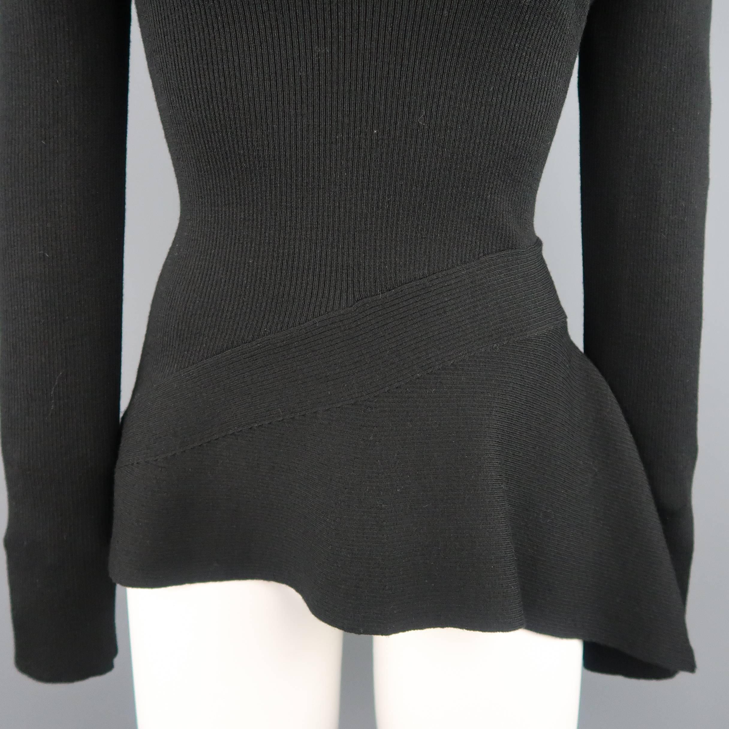 SALVATORE FERRAGAMO Size M Black Wool Ribbed Knit Asymmetrical Peplum Pullover In Excellent Condition In San Francisco, CA