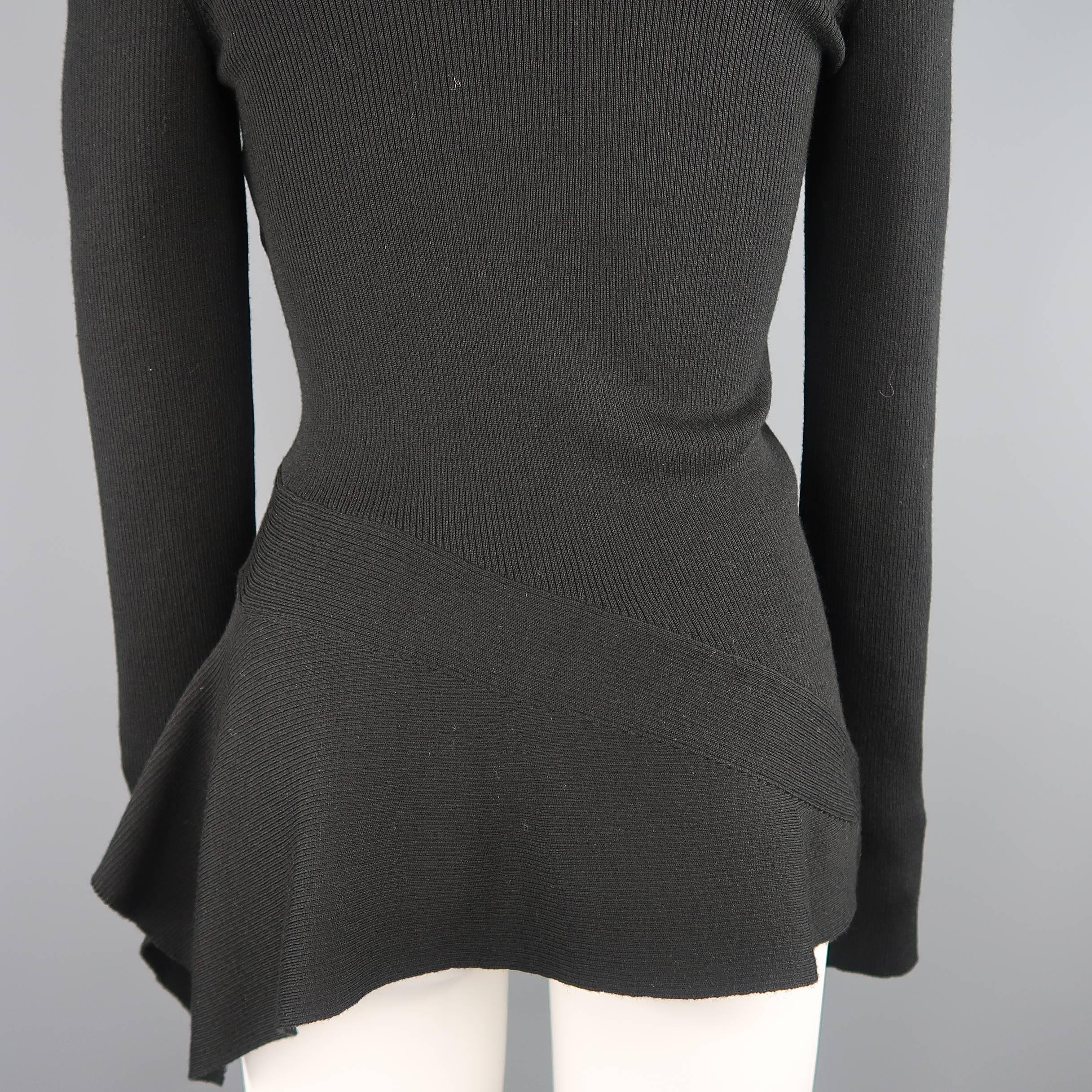 SALVATORE FERRAGAMO Size M Black Wool Ribbed Knit Asymmetrical Peplum Pullover 3