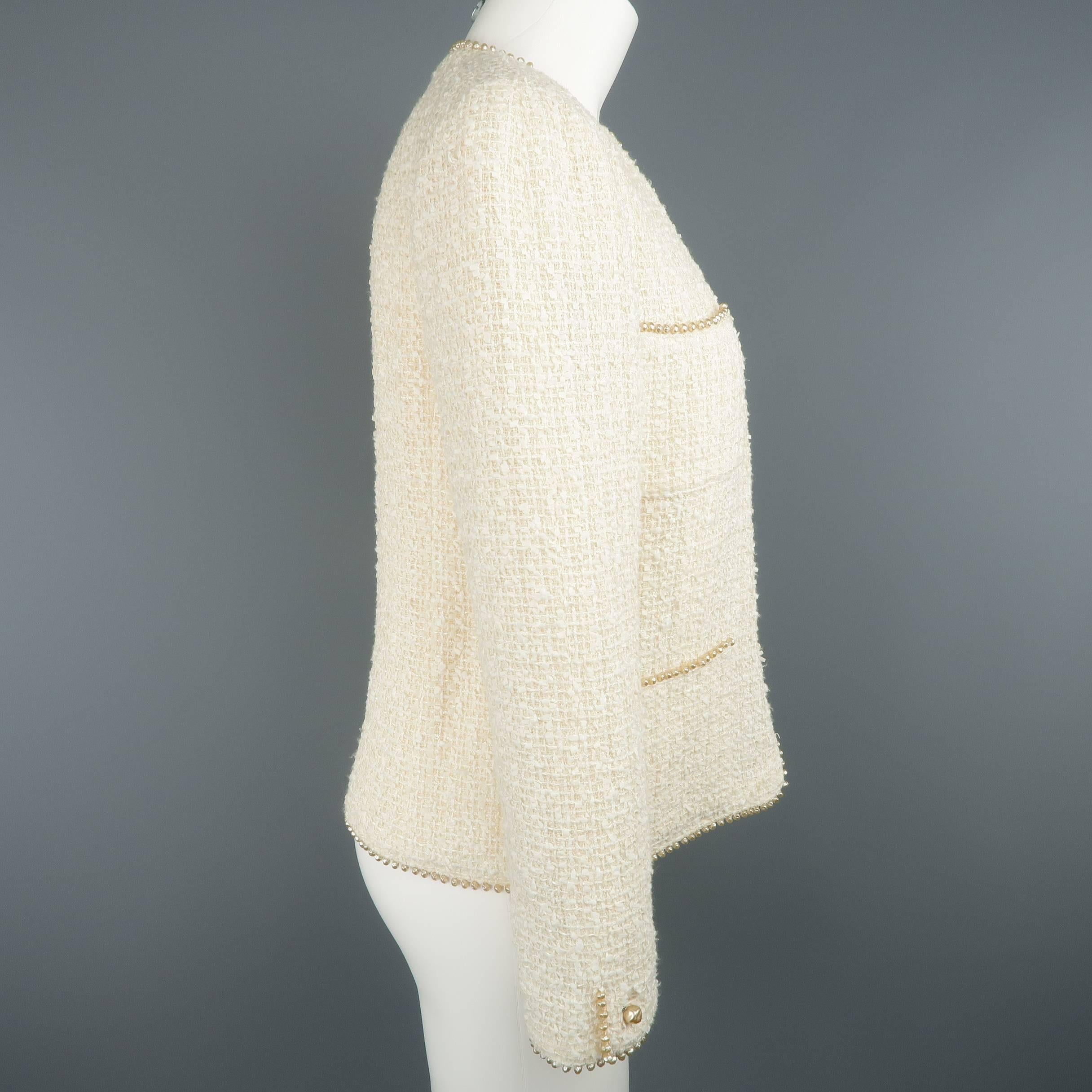 Women's Chanel Cream Cotton Blend Tweed Pearl Piping Coat Jacket, Spring 1999