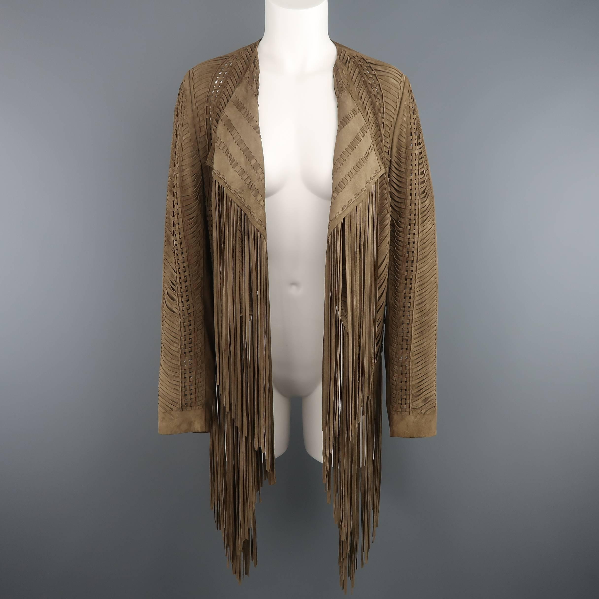 Women's RALPH LAUREN COLLECTION Size 6 Olive Taupe Woven Fringe Jacket - Retail $4500