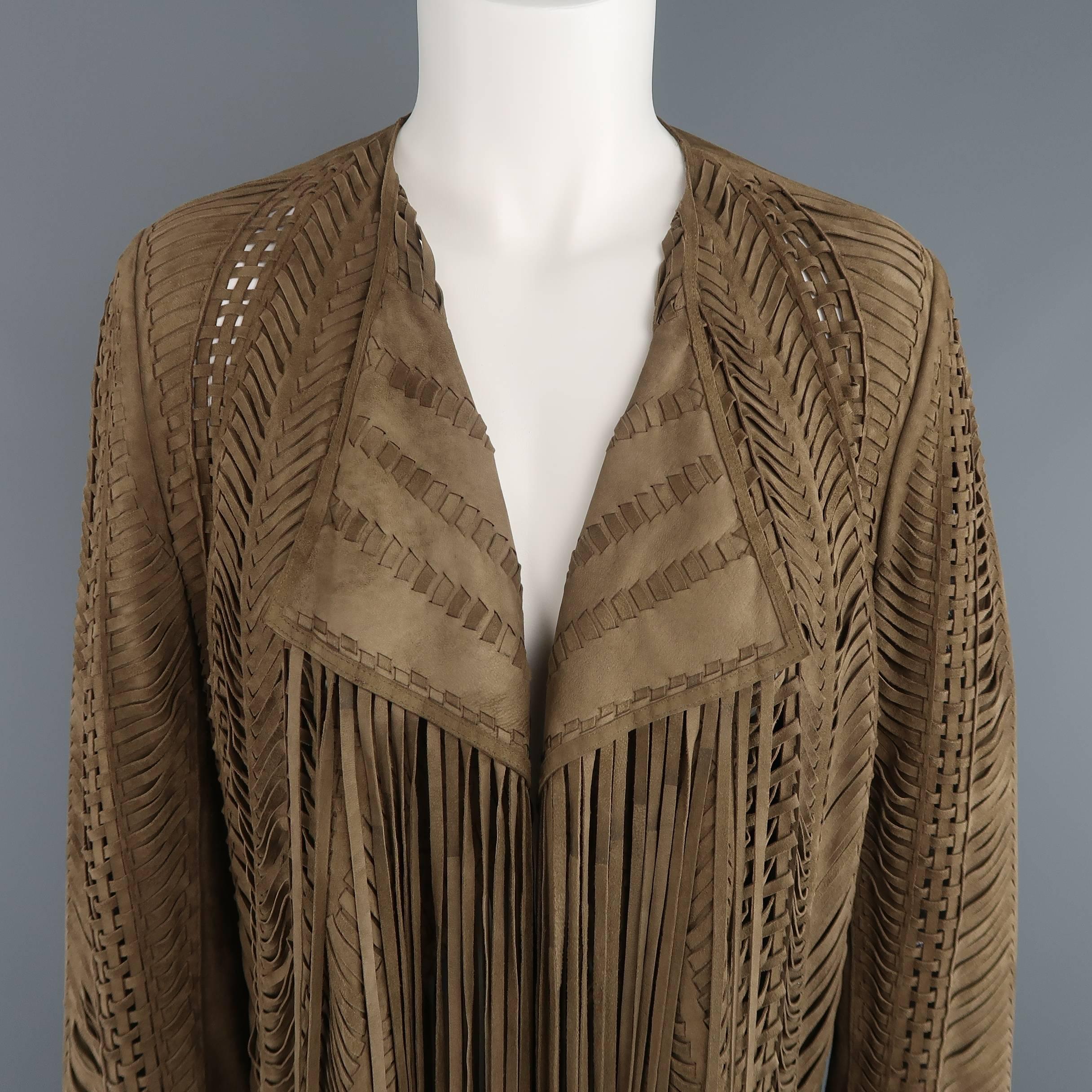 RALPH LAUREN COLLECTION jacket comes in an olive tone taupe suede and features an open front with pointed lapel, woven pattern construction, and long extended fringe. Made in Italy.

Retails at: $4500.00
Excellent Pre-Owned Condition.
Marked: 6
