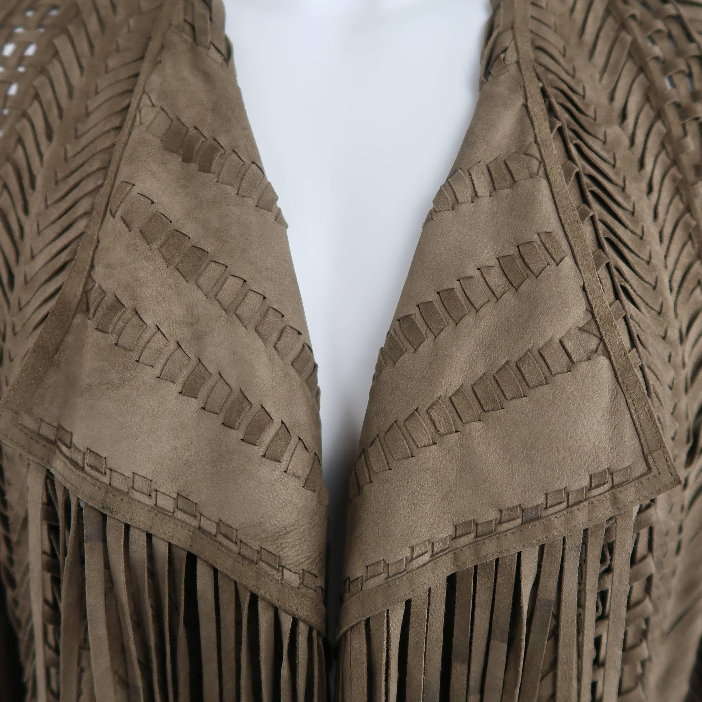 Brown RALPH LAUREN COLLECTION Size 6 Olive Taupe Woven Fringe Jacket - Retail $4500