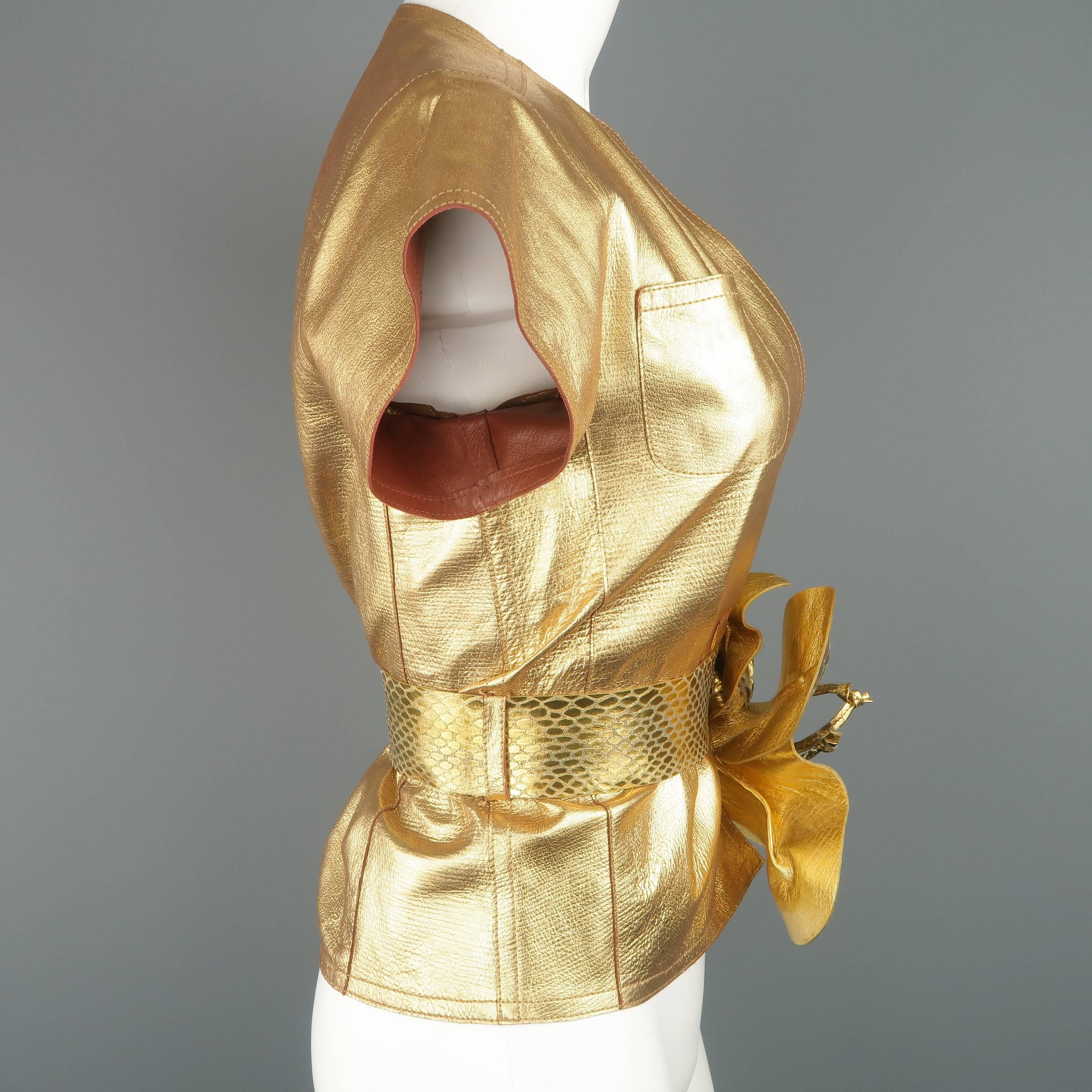 Women's Marc Jacobs Gold Leather Wrap Flower Belt Blouse Top, Spring 2011 Runway 