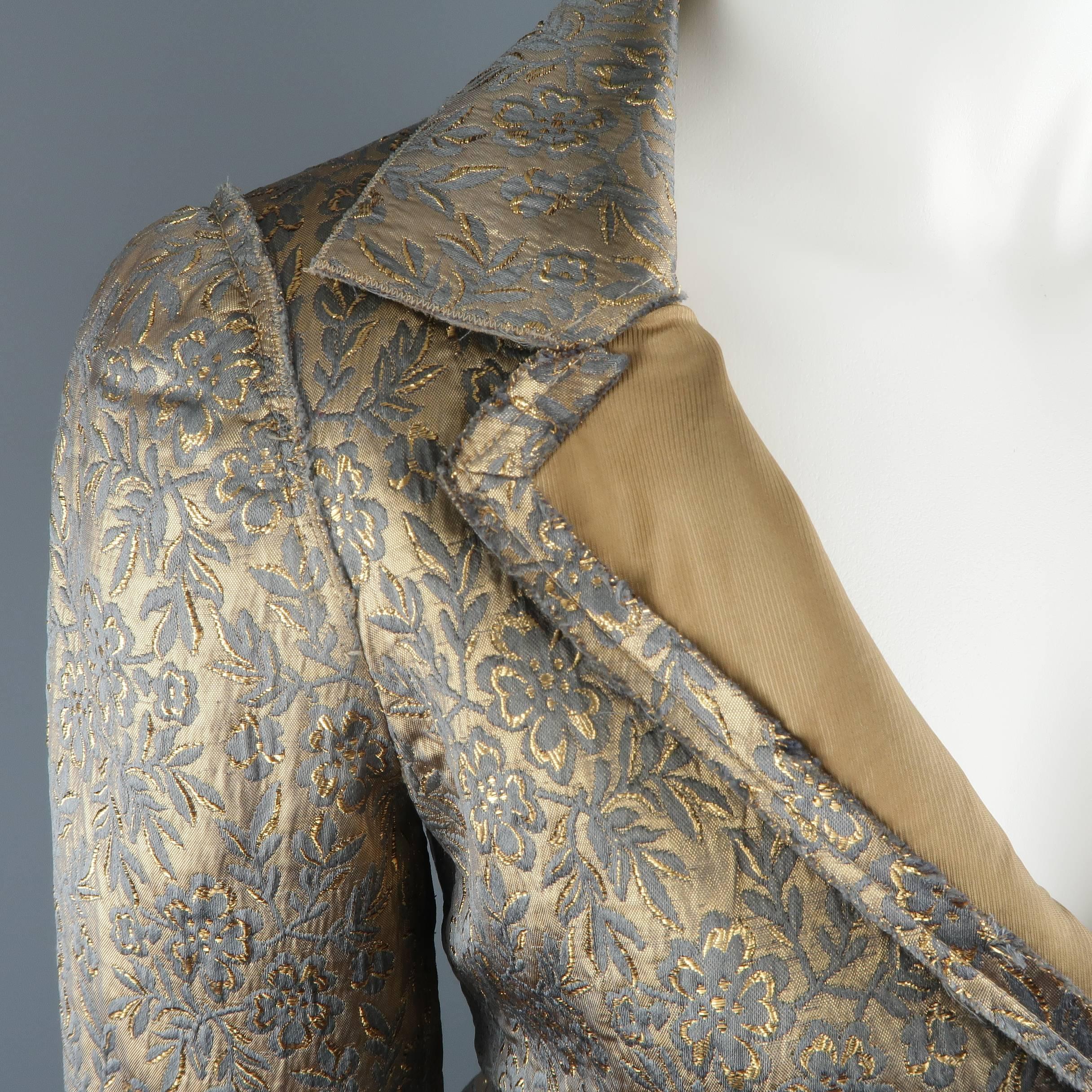 Brown PRADA Size 8 Gold Silk Blend Floral Brocade Raw Trim Notch Lapel Jacket