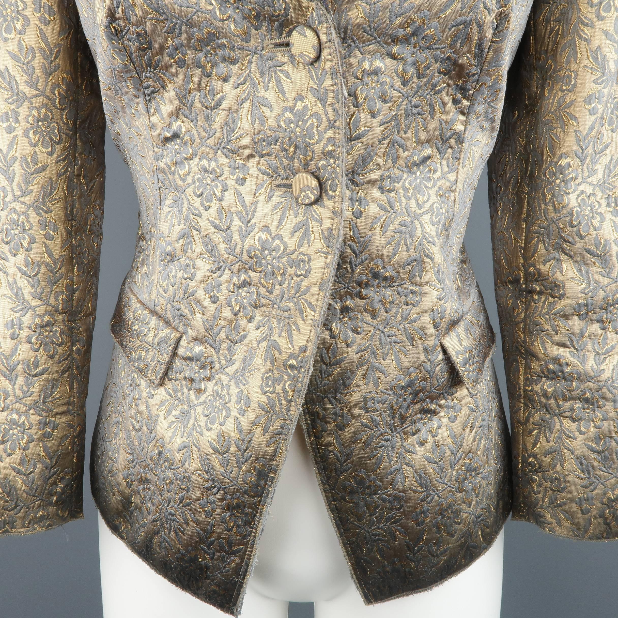 PRADA Size 8 Gold Silk Blend Floral Brocade Raw Trim Notch Lapel Jacket In Excellent Condition In San Francisco, CA