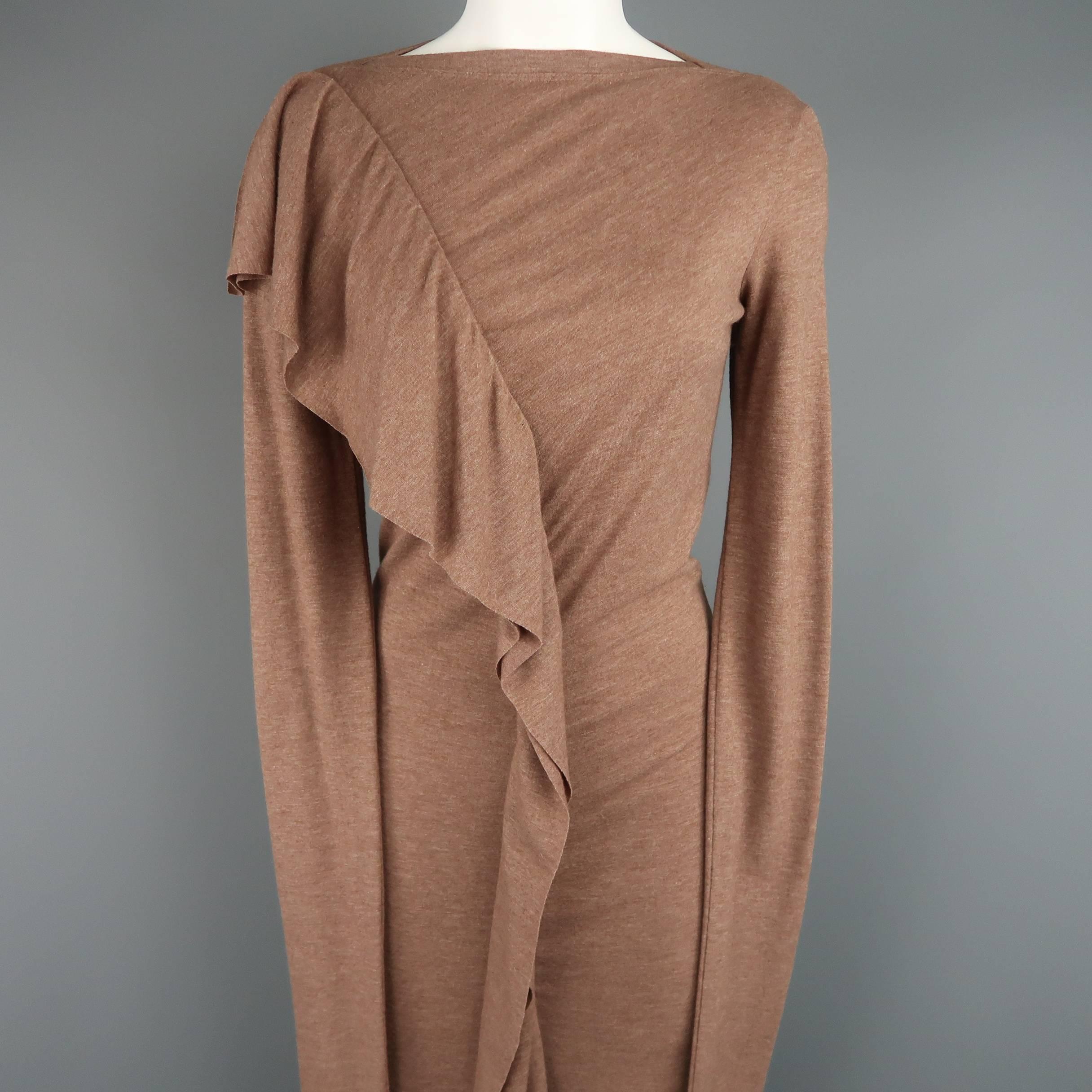 Brown JEAN PAUL GAULTIER Size 8 Tan Wool/Rayon Ruffle Long Sleeve Maxi Dress