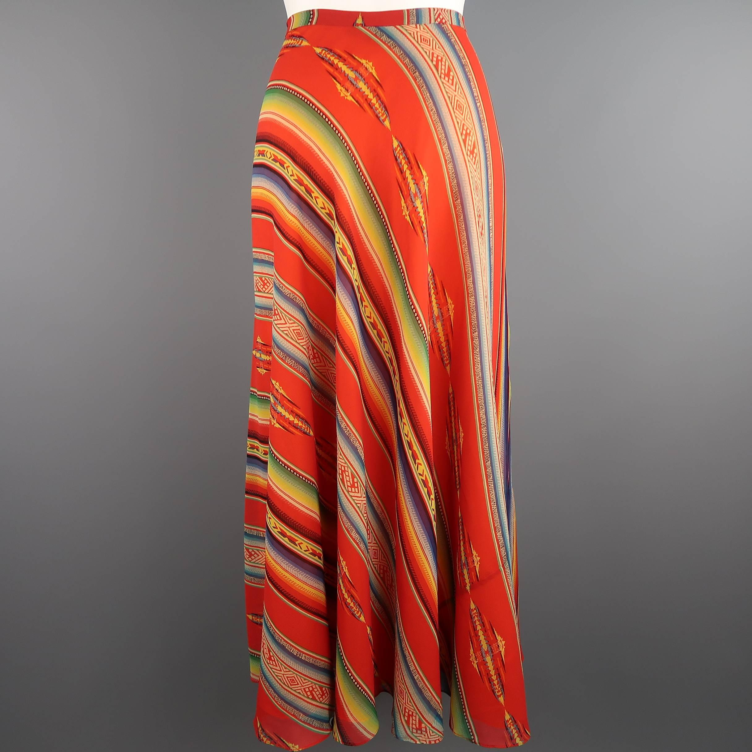 Women's Ralph Lauren Red Orange Mexican Serape Print Silk A Line Maxi Skirt, Size 6 