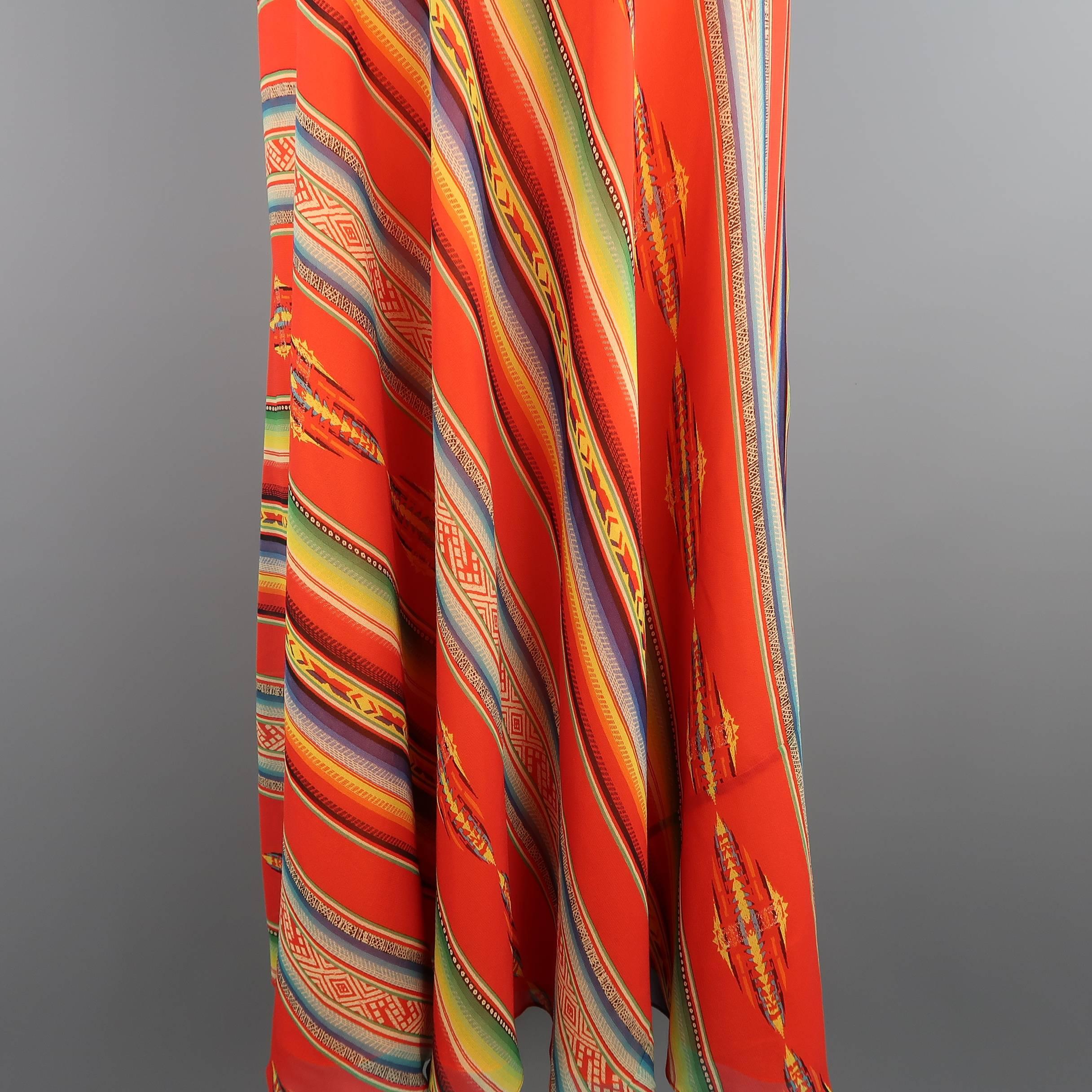 Ralph Lauren Red Orange Mexican Serape Print Silk A Line Maxi Skirt, Size 6  1