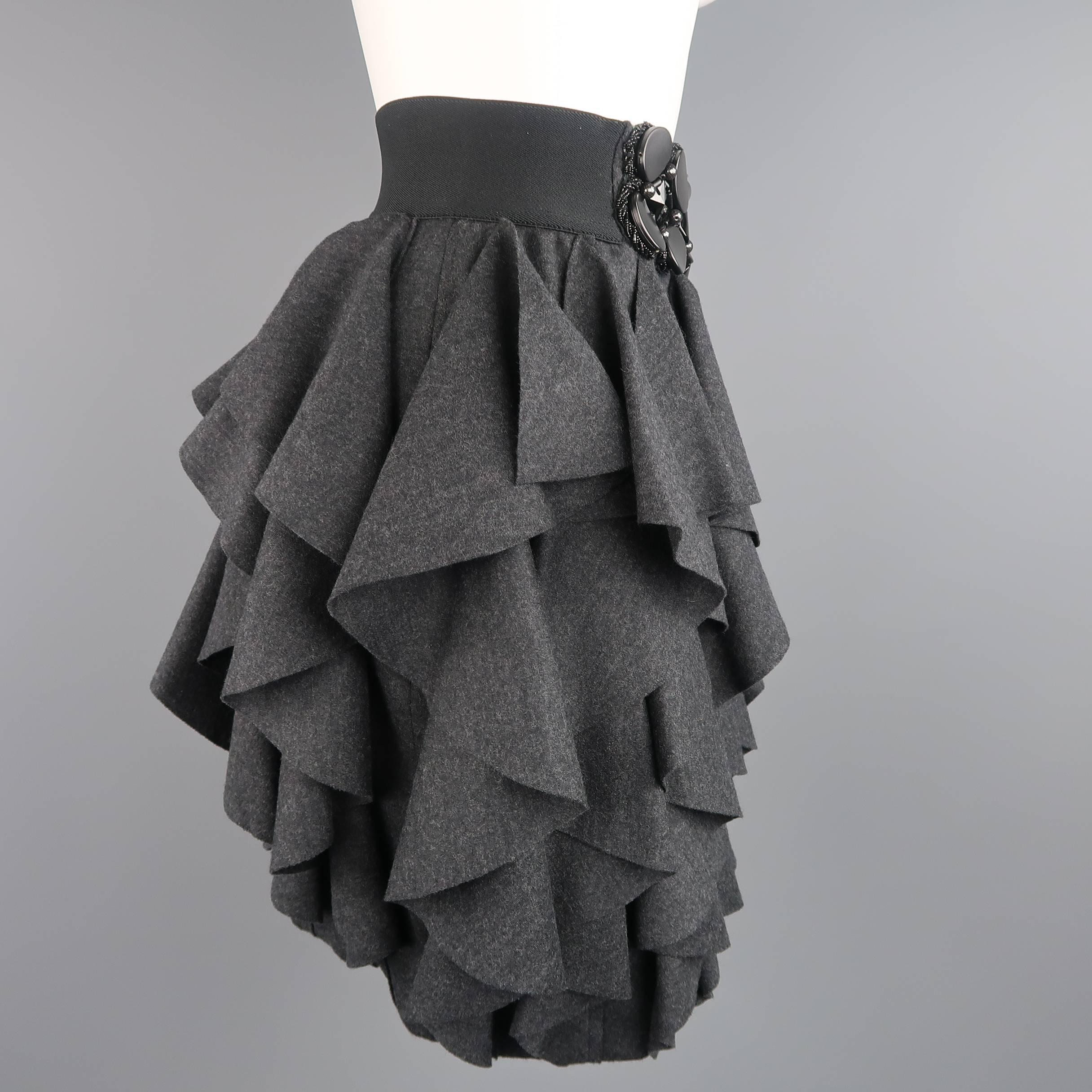 Women's Yigal Azrouel Charcoal Ruffled Wool Jeweled Waistband Skirt, Size L 