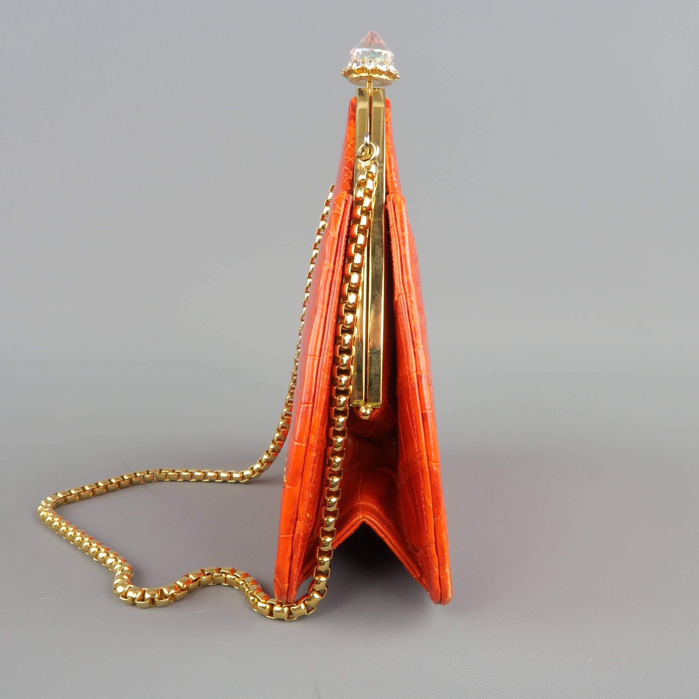 Women's Judith Lieber Handbag Orange Alligator Leather Aurora Borealis Gold Chain Mini