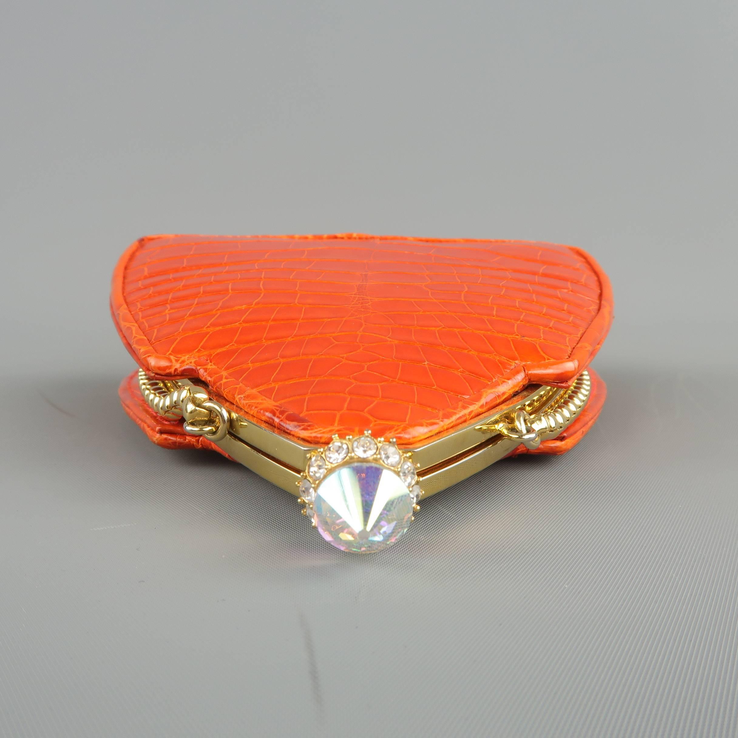 Judith Lieber Handbag Orange Alligator Leather Aurora Borealis Gold Chain Mini 2