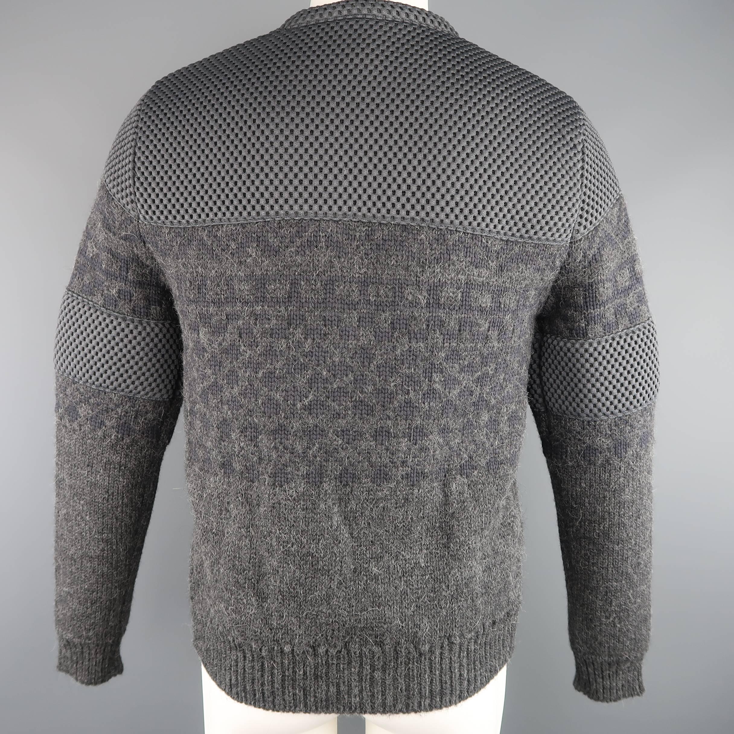 Calvin Klein Collection Men's Dark Gray Alpaca Knit and Mesh Crewneck Sweater In Excellent Condition In San Francisco, CA