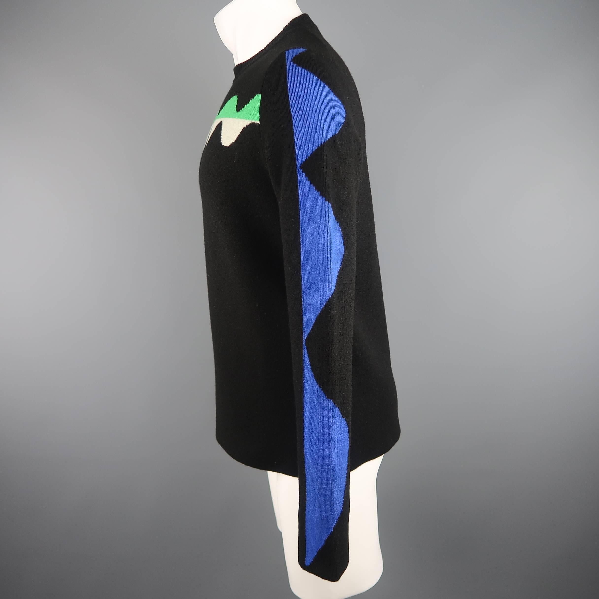 Men's JIL SANDER Size M Black Cream Green & Blue Color Block Cashmere Sweater In Good Condition In San Francisco, CA