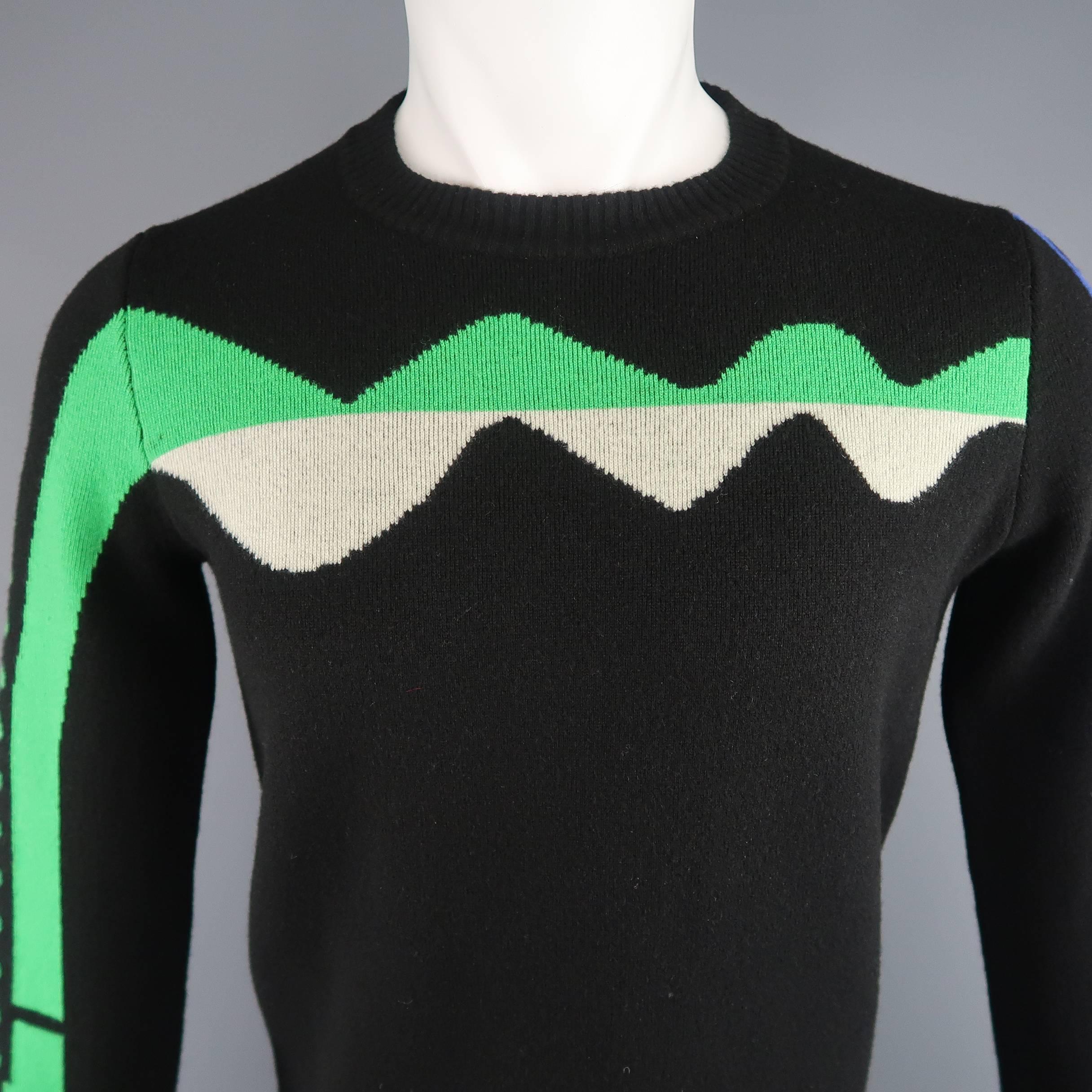 JIL SANDER pullover sweater comes in black cashmere with a ribbed crewneck and color block zigzag print in cream, green, and blue. Made in Italy.
 
Good Pre-Owned Condition.
Marked: IT 40
 
Measurements:
 
Shoulder: 15 in.
Chest: 38 in.
Sleeve: 27