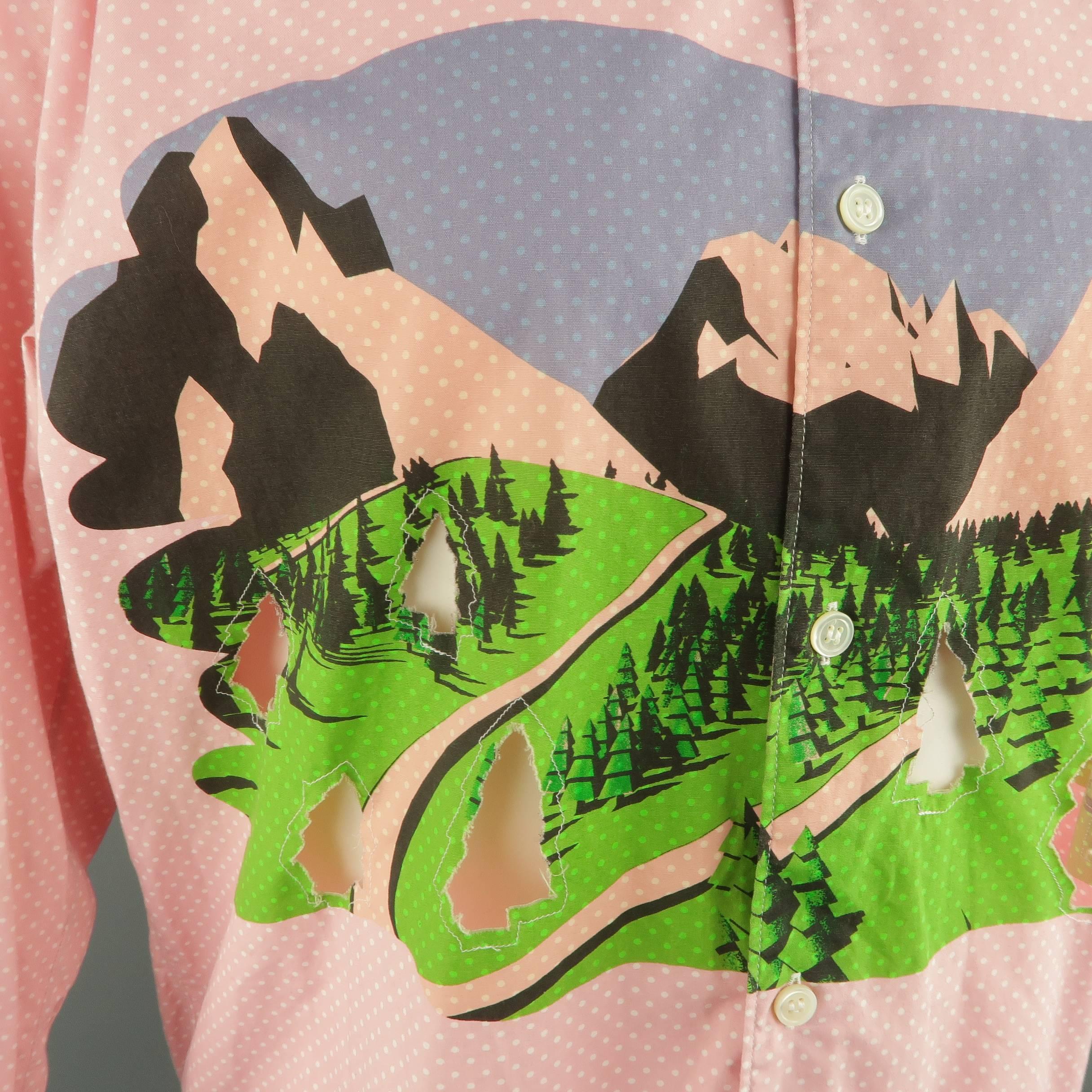 Beige COMME des GARCONS Size XL Pink Polka Dot Forest Print Cutout Long Sleeve Shirtq