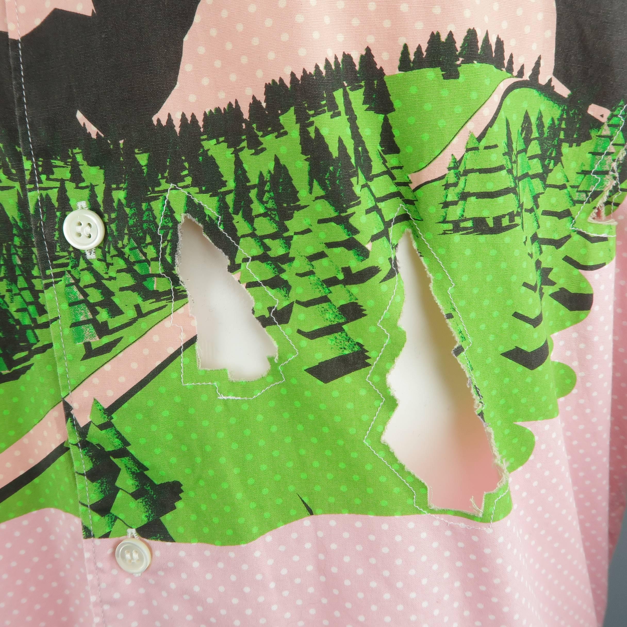 COMME des GARCONS Size XL Pink Polka Dot Forest Print Cutout Long Sleeve Shirtq In Excellent Condition In San Francisco, CA