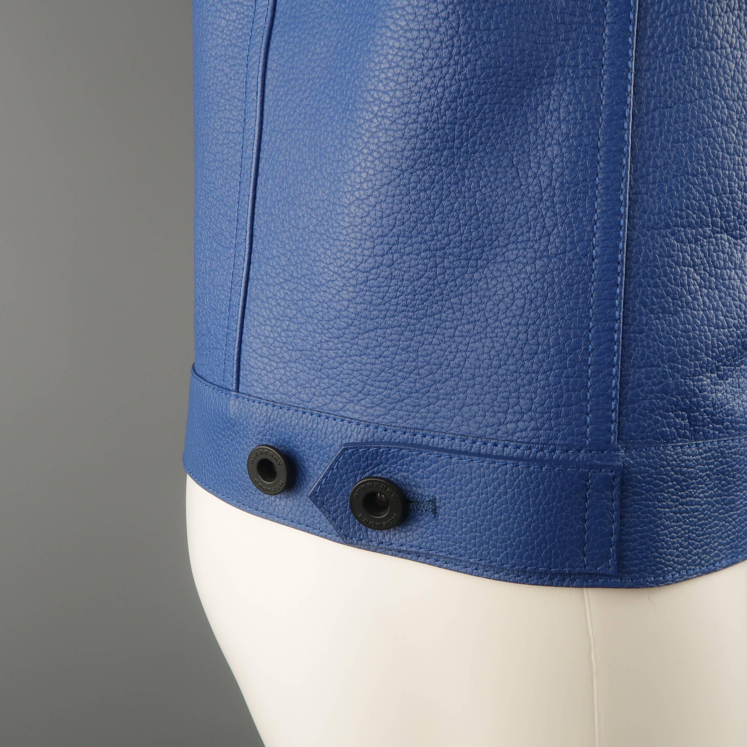 Burberry Prorsum Men's Royal Blue Pebbled Lambskin Leather Trucker Jacket  In Excellent Condition In San Francisco, CA