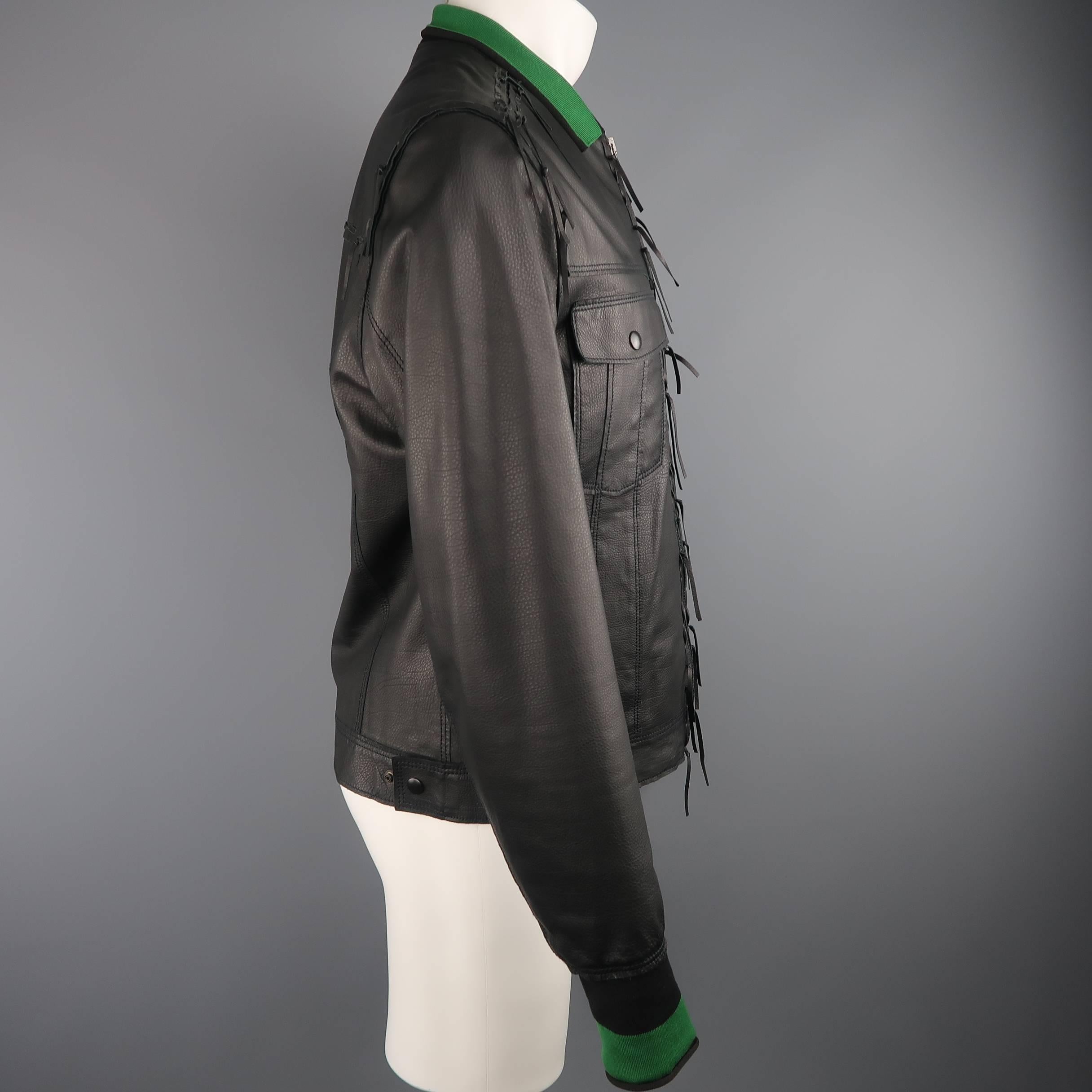 Lanvin Leather Jacket - Black Leather Fringe Trim Green Collar Bomber Coat 2