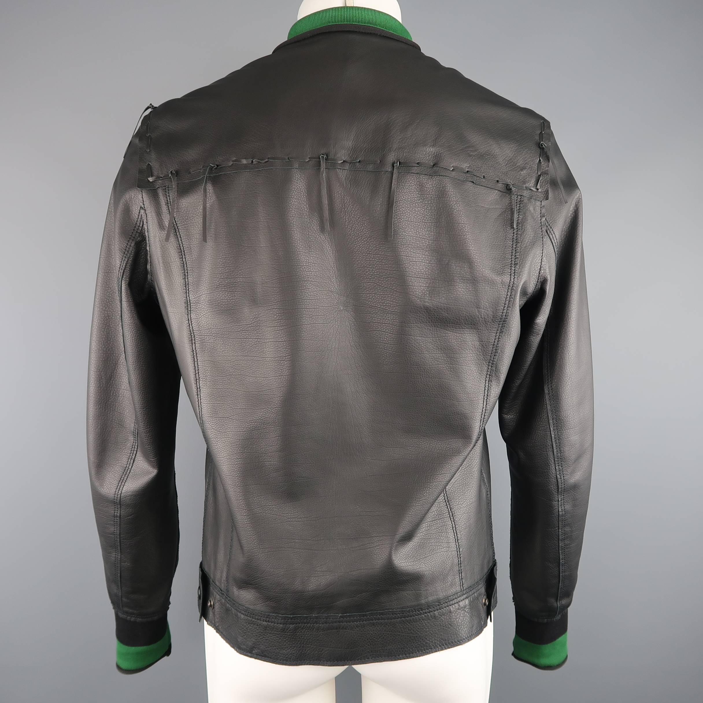 Lanvin Leather Jacket - Black Leather Fringe Trim Green Collar Bomber Coat 3