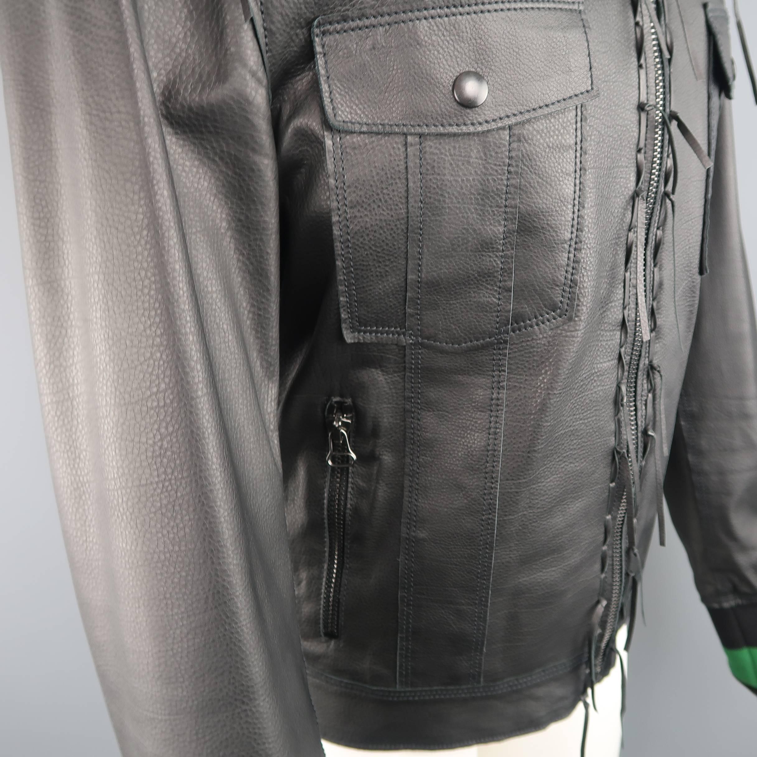Lanvin Leather Jacket - Black Leather Fringe Trim Green Collar Bomber Coat 1