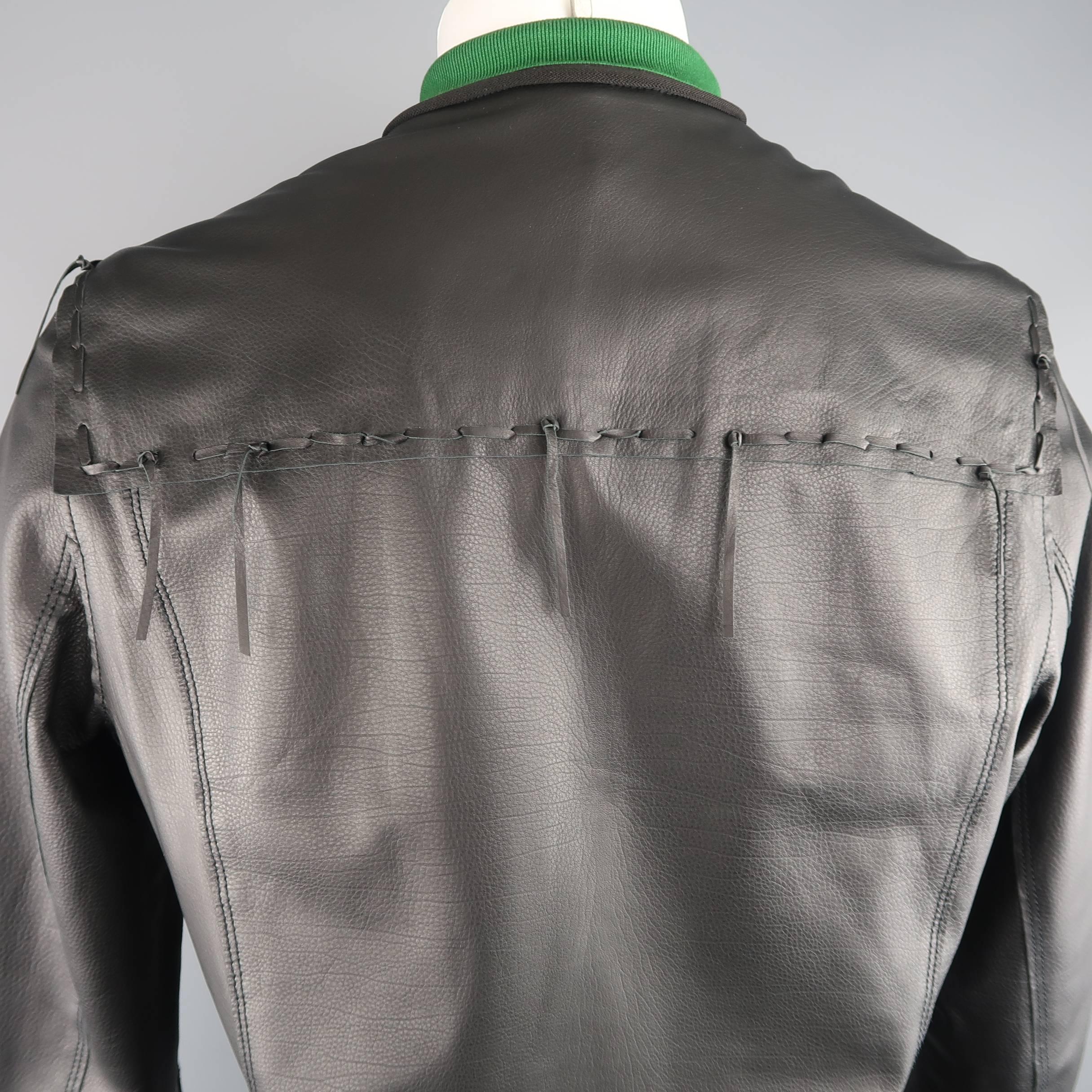 Lanvin Leather Jacket - Black Leather Fringe Trim Green Collar Bomber Coat 4