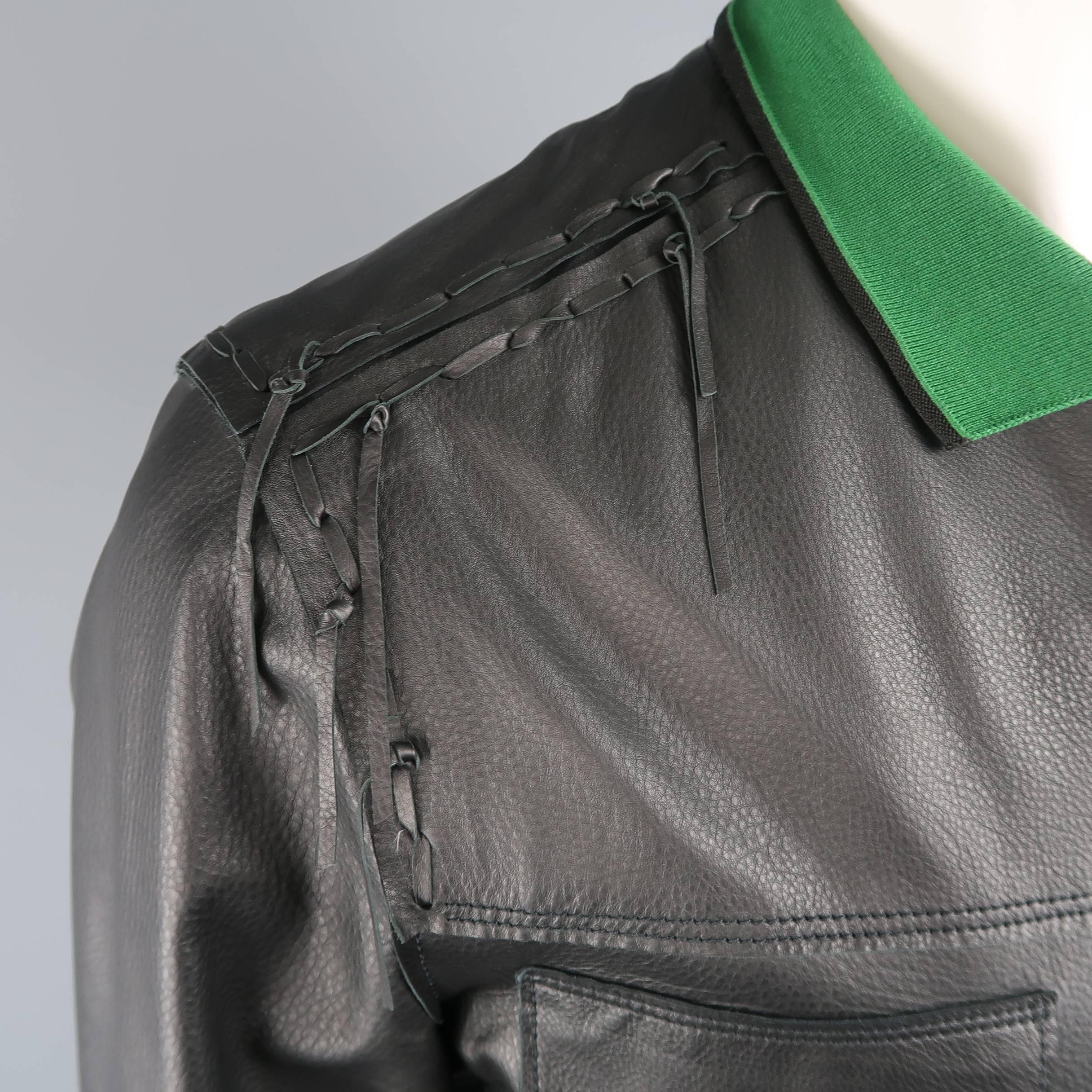 Lanvin Leather Jacket - Black Leather Fringe Trim Green Collar Bomber Coat In Good Condition In San Francisco, CA