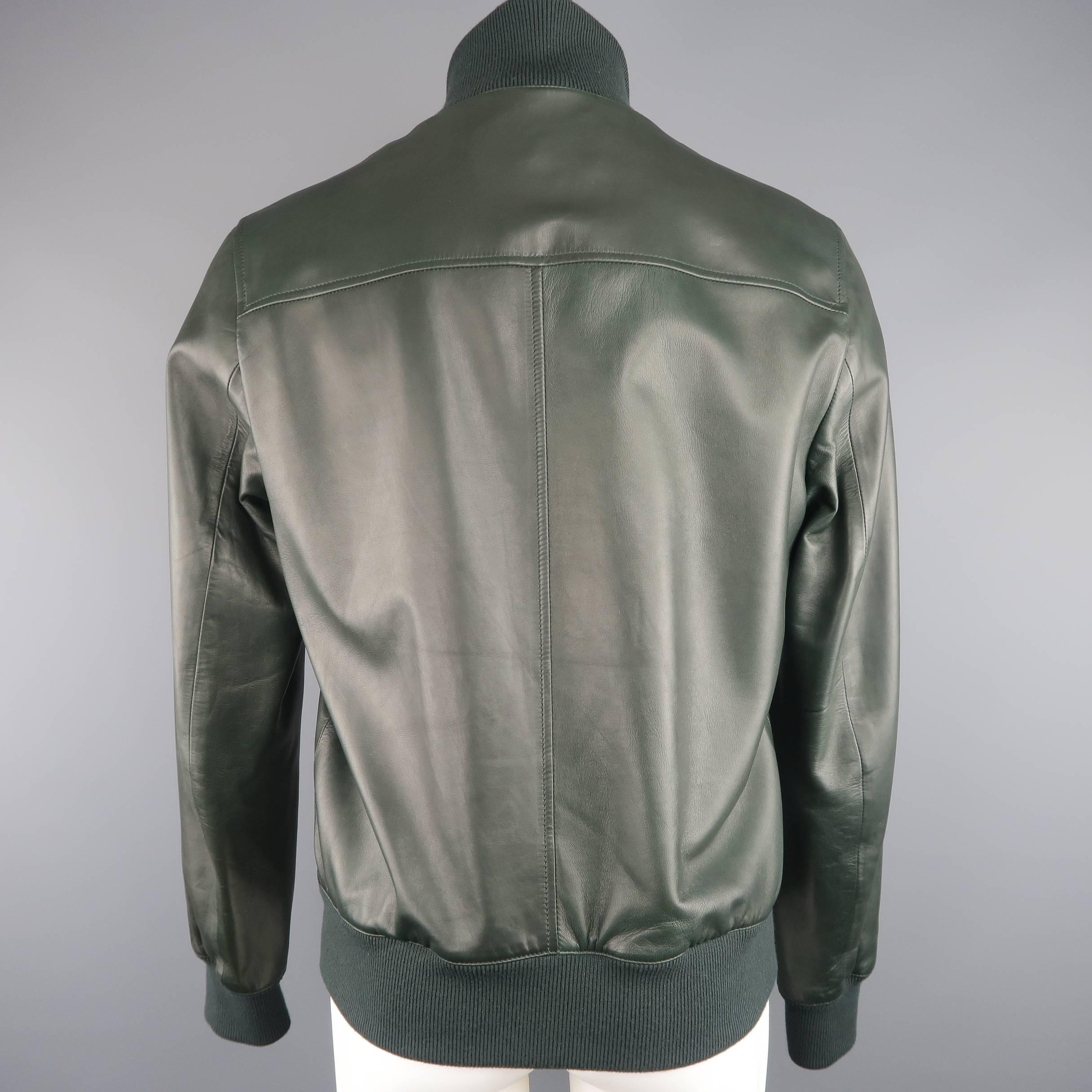 Gucci Men's Forest Green Leather Striped Collar Bomber Jacket In Good Condition In San Francisco, CA