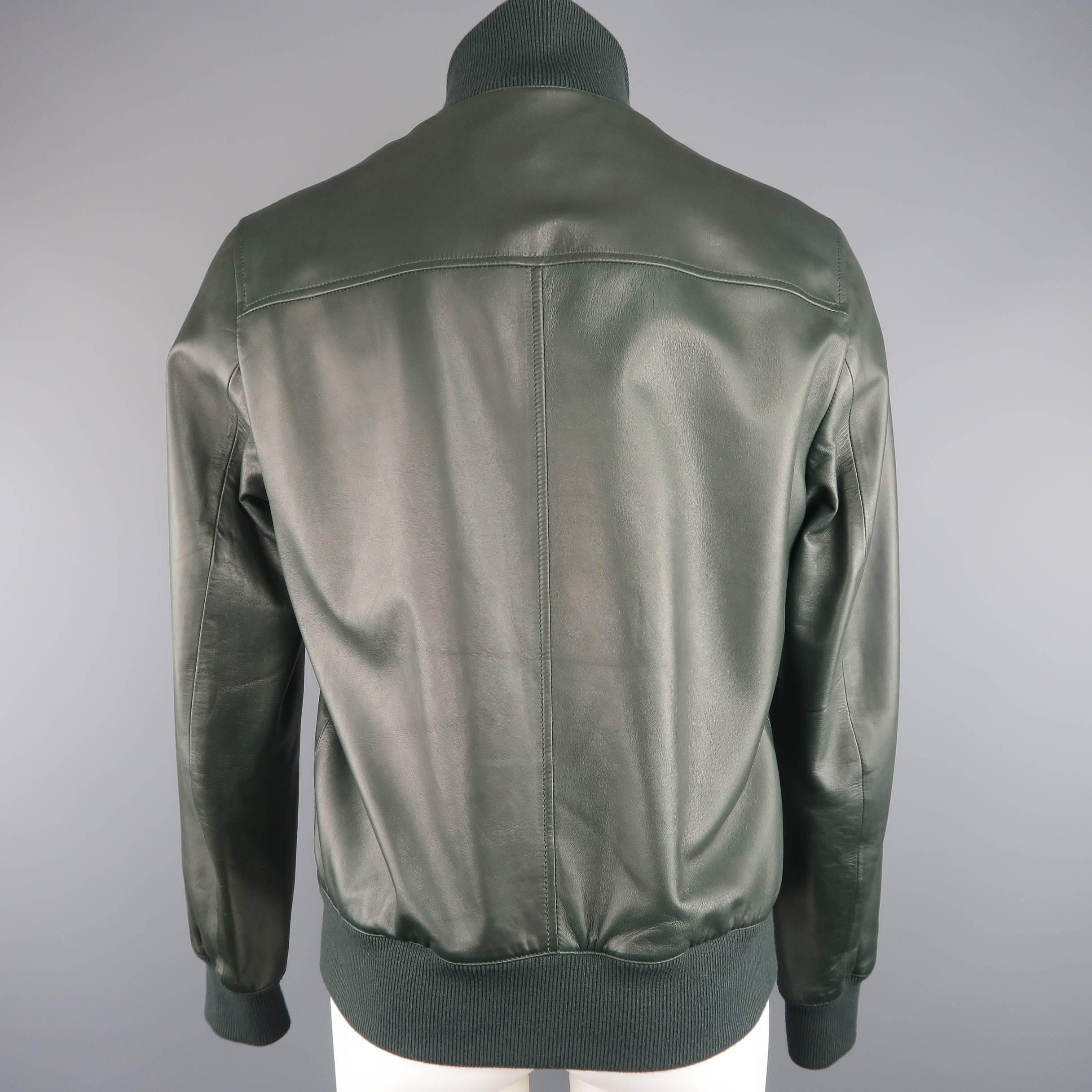 Gucci Men's Forest Green Leather Striped Collar Bomber Jacket   In Good Condition In San Francisco, CA