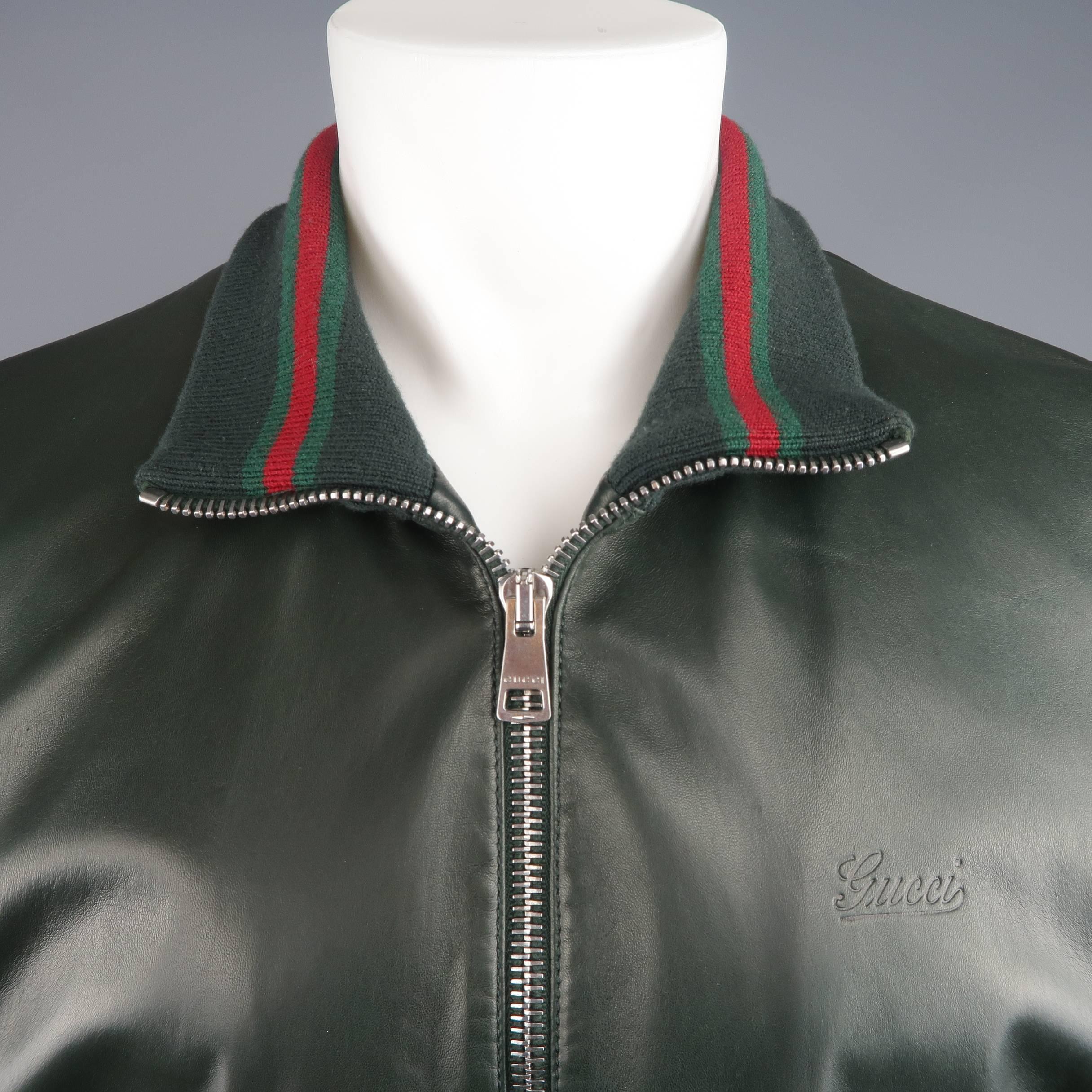 Black Gucci Men's Forest Green Leather Striped Collar Bomber Jacket