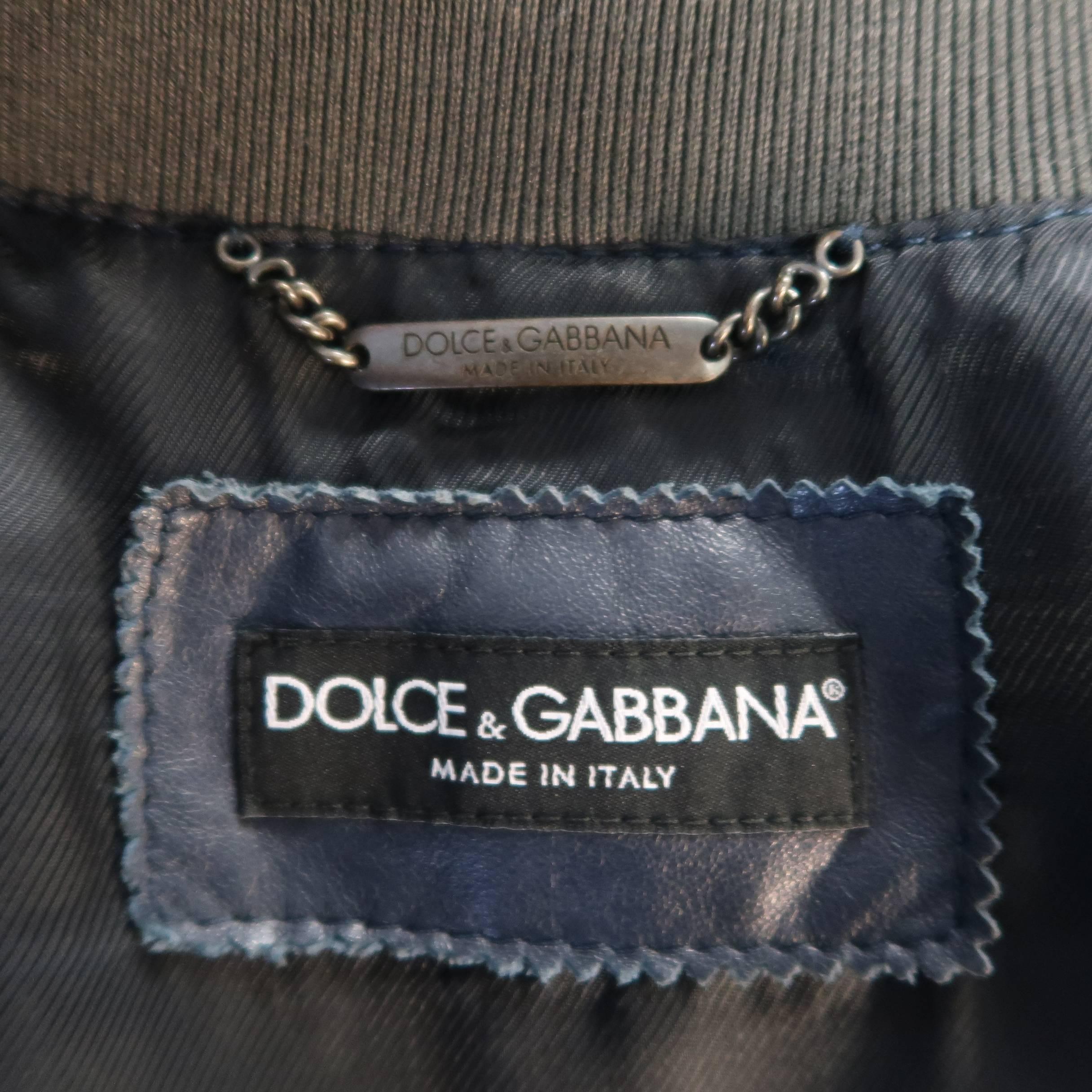 Men's DOLCE & GABBANA Jacket - Bomber Size 42 Navy Lambskin Leather Gray Cuff  1