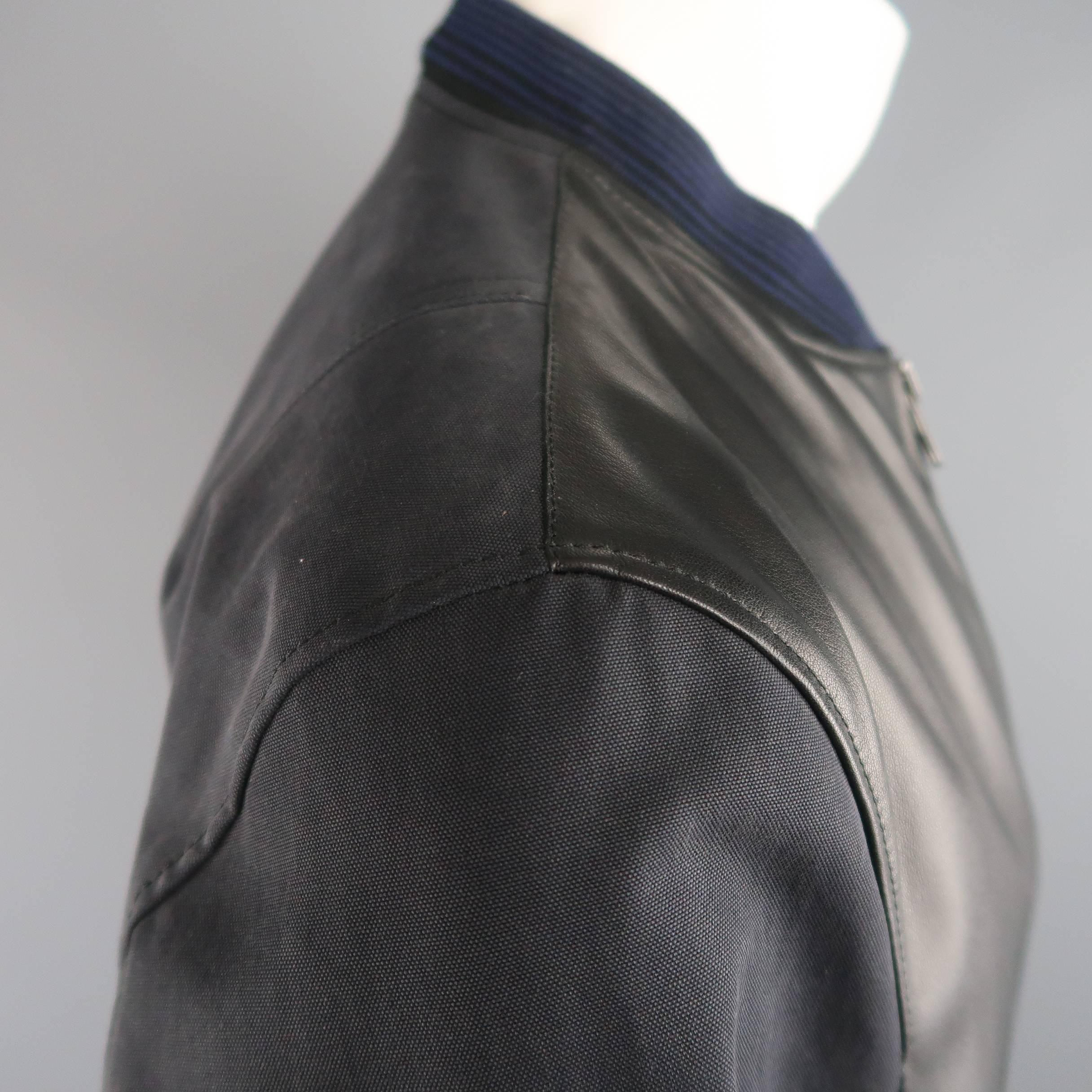 LANVIN Jacket Bomber - Black & Charcoal Leather & Canvas Blue Men's Coat 1