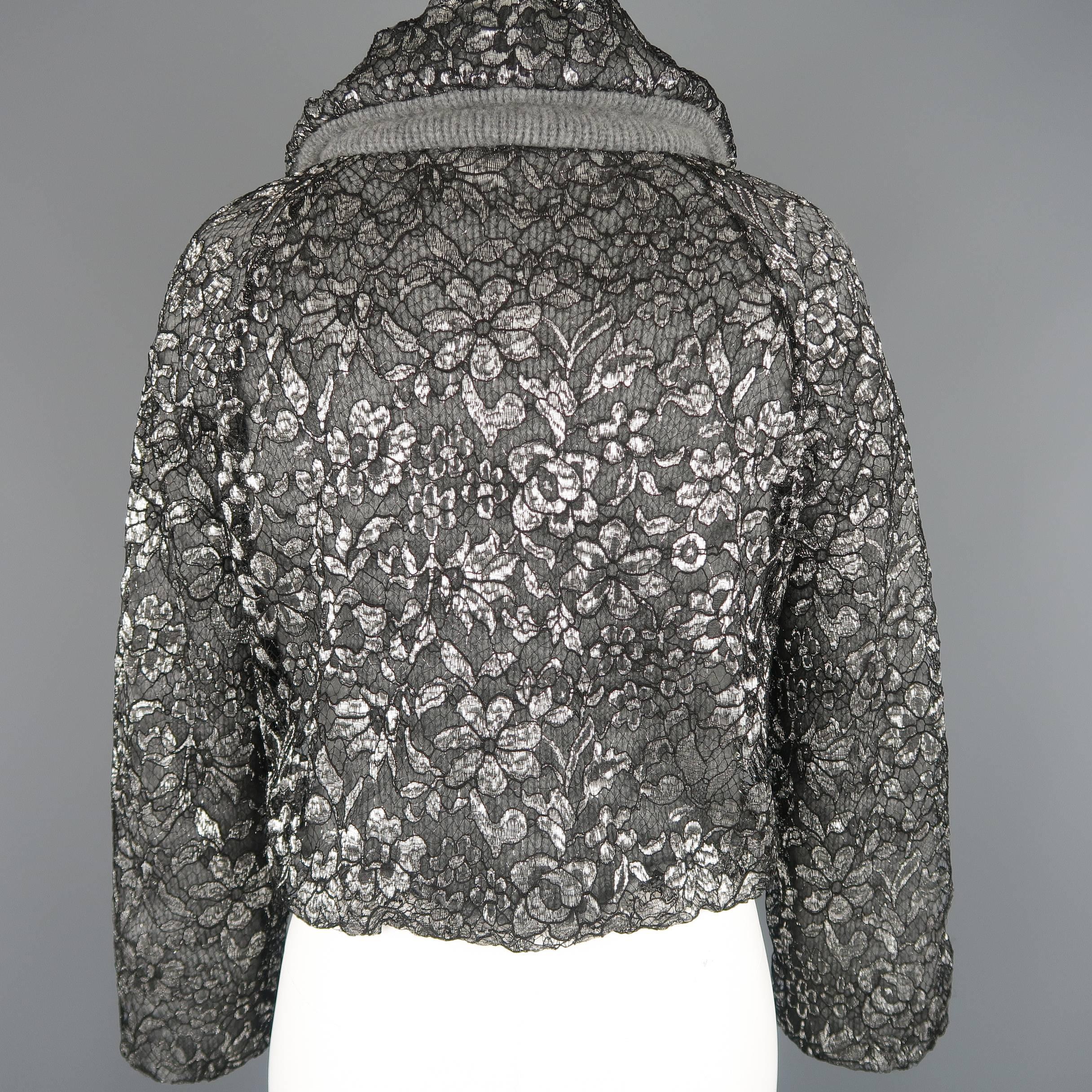MARC JACOBS Size S Silver Lace Overlay Cashmere Cropped Jacket 2