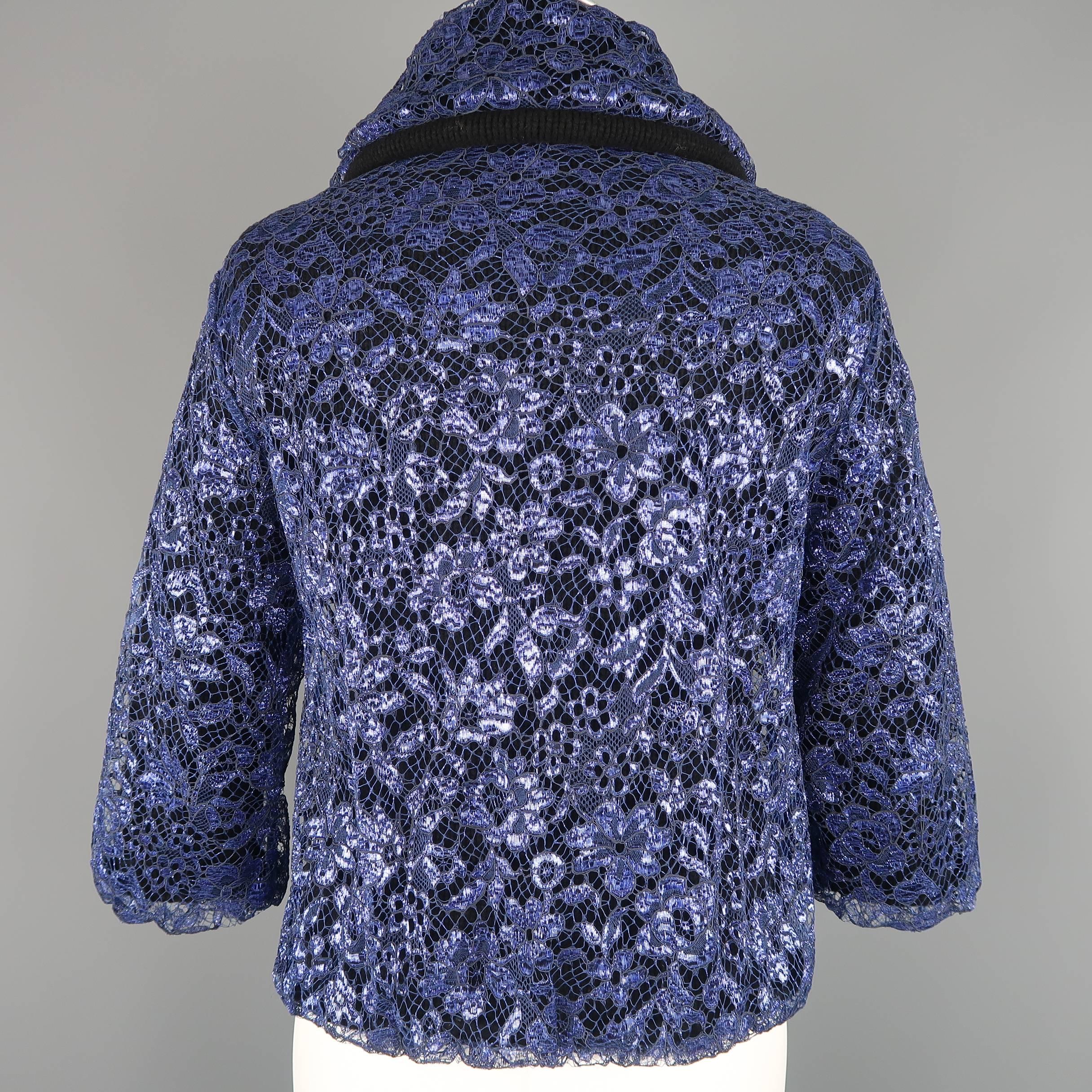 MARC JACOBS Size S Blue Metallic Lace Overlay Cashmere Jacket 2