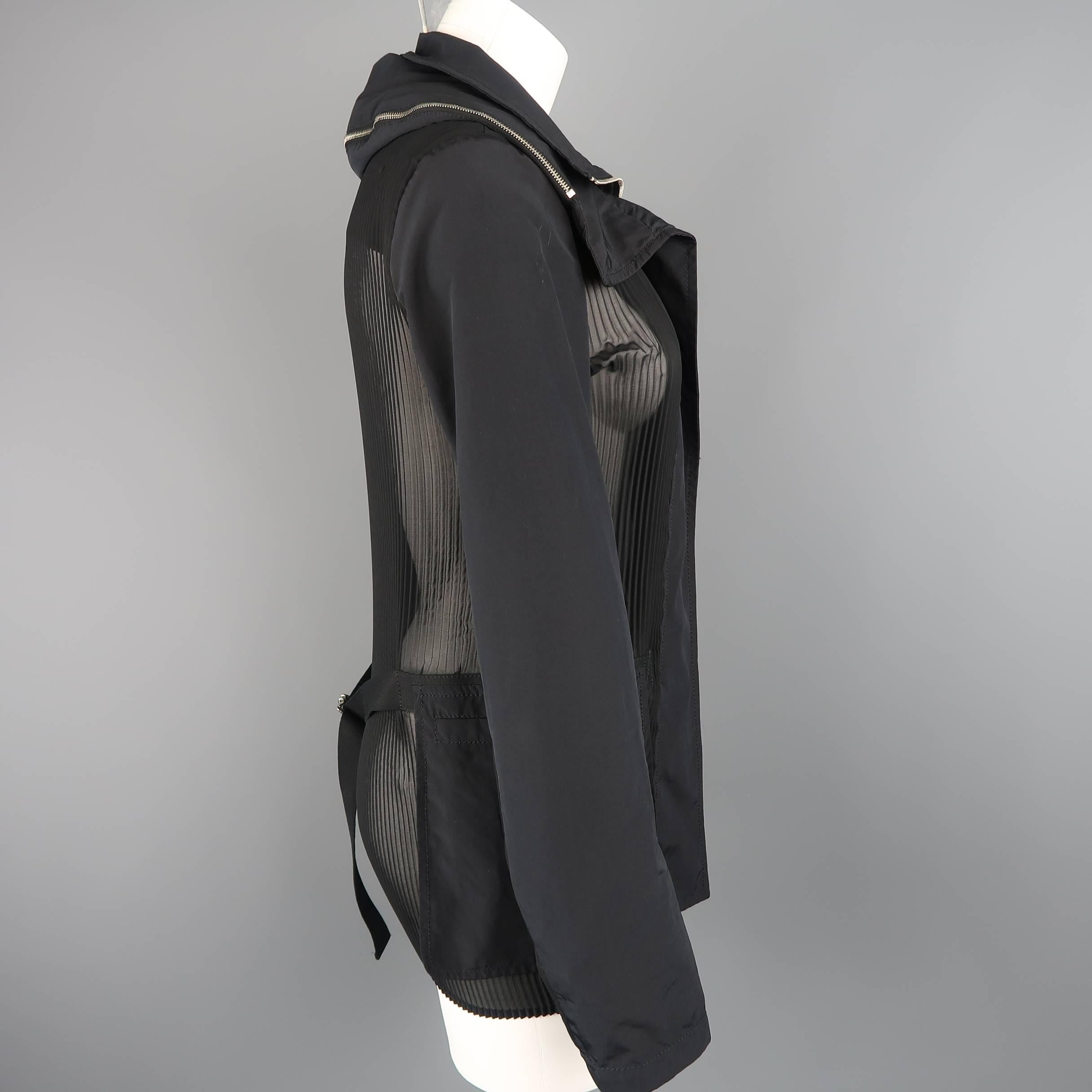 GIORGIO ARMANI Size 6 Black SHeer Pleated Zip Hood Jacket 2