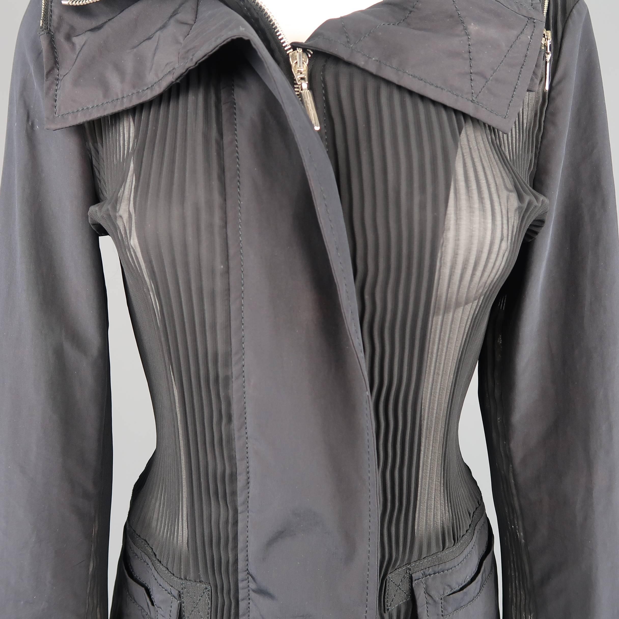 Women's GIORGIO ARMANI Size 6 Black SHeer Pleated Zip Hood Jacket