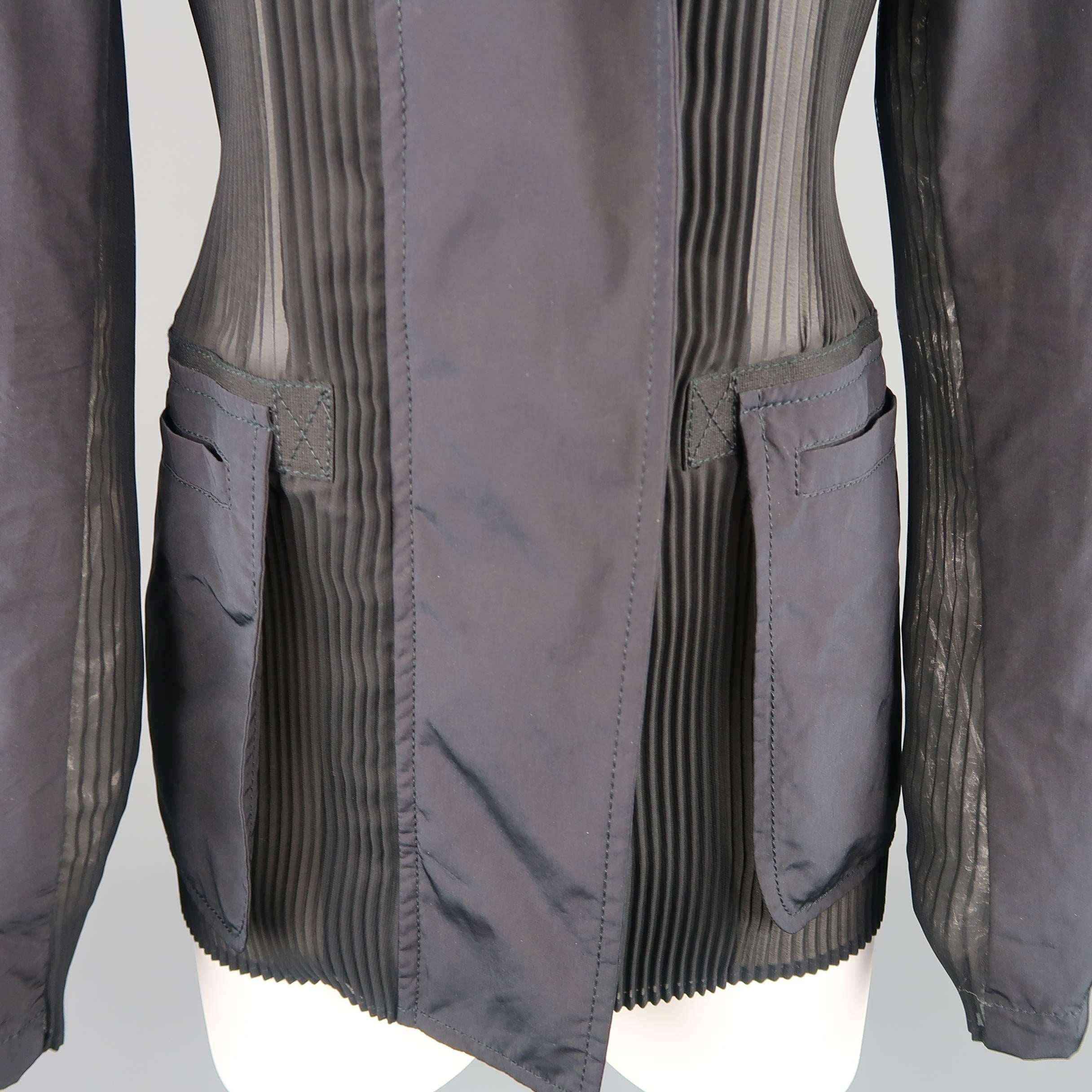 GIORGIO ARMANI Size 6 Black SHeer Pleated Zip Hood Jacket 1