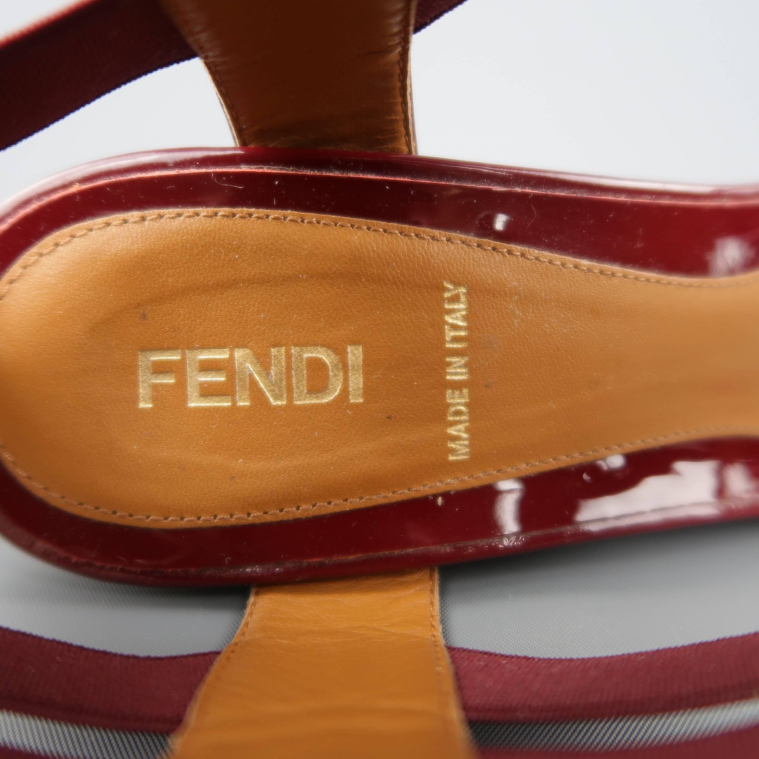 Women's FENDI Size 8 Burgundy Patent Leather T Strap Espadrille Wedge Sandals