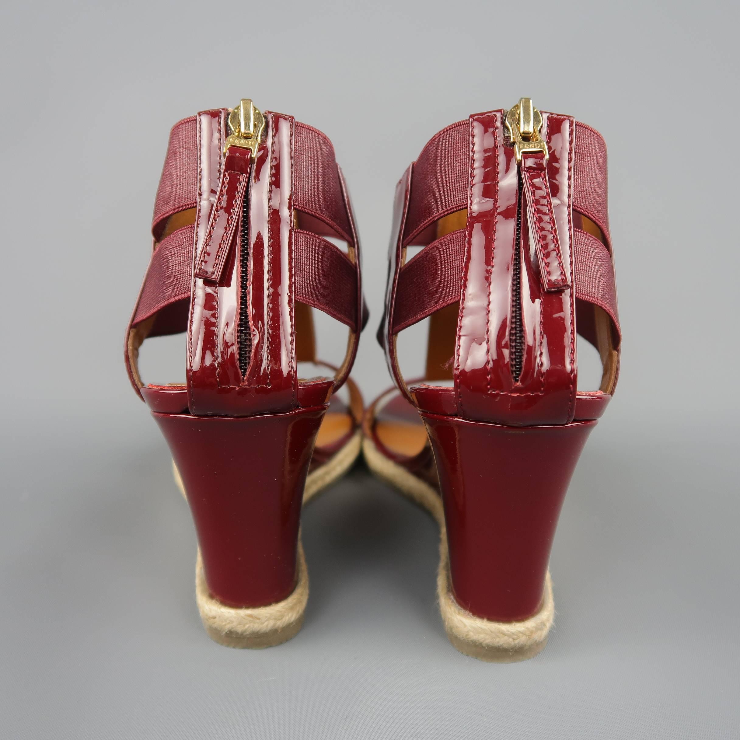 FENDI Size 8 Burgundy Patent Leather T Strap Espadrille Wedge Sandals In Good Condition In San Francisco, CA