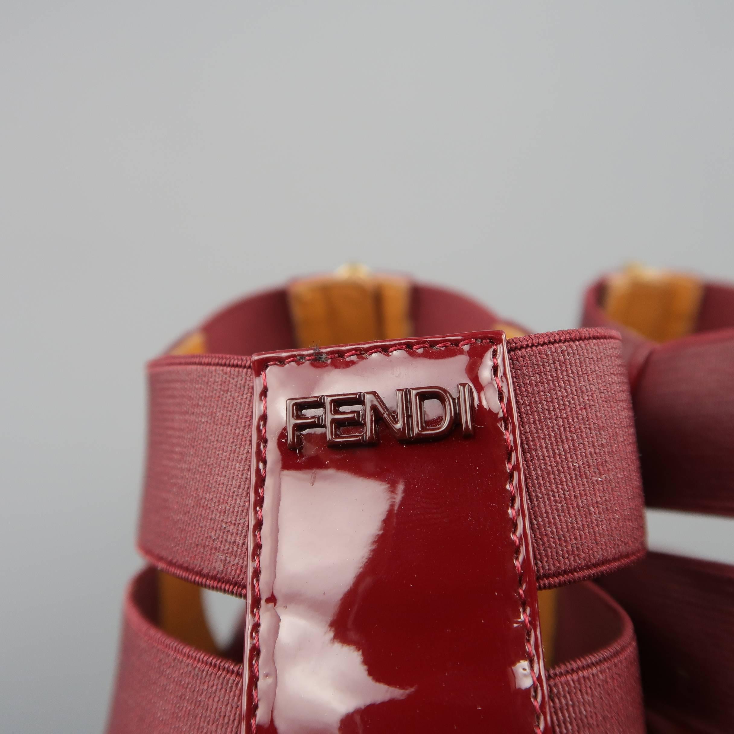 Brown FENDI Size 8 Burgundy Patent Leather T Strap Espadrille Wedge Sandals