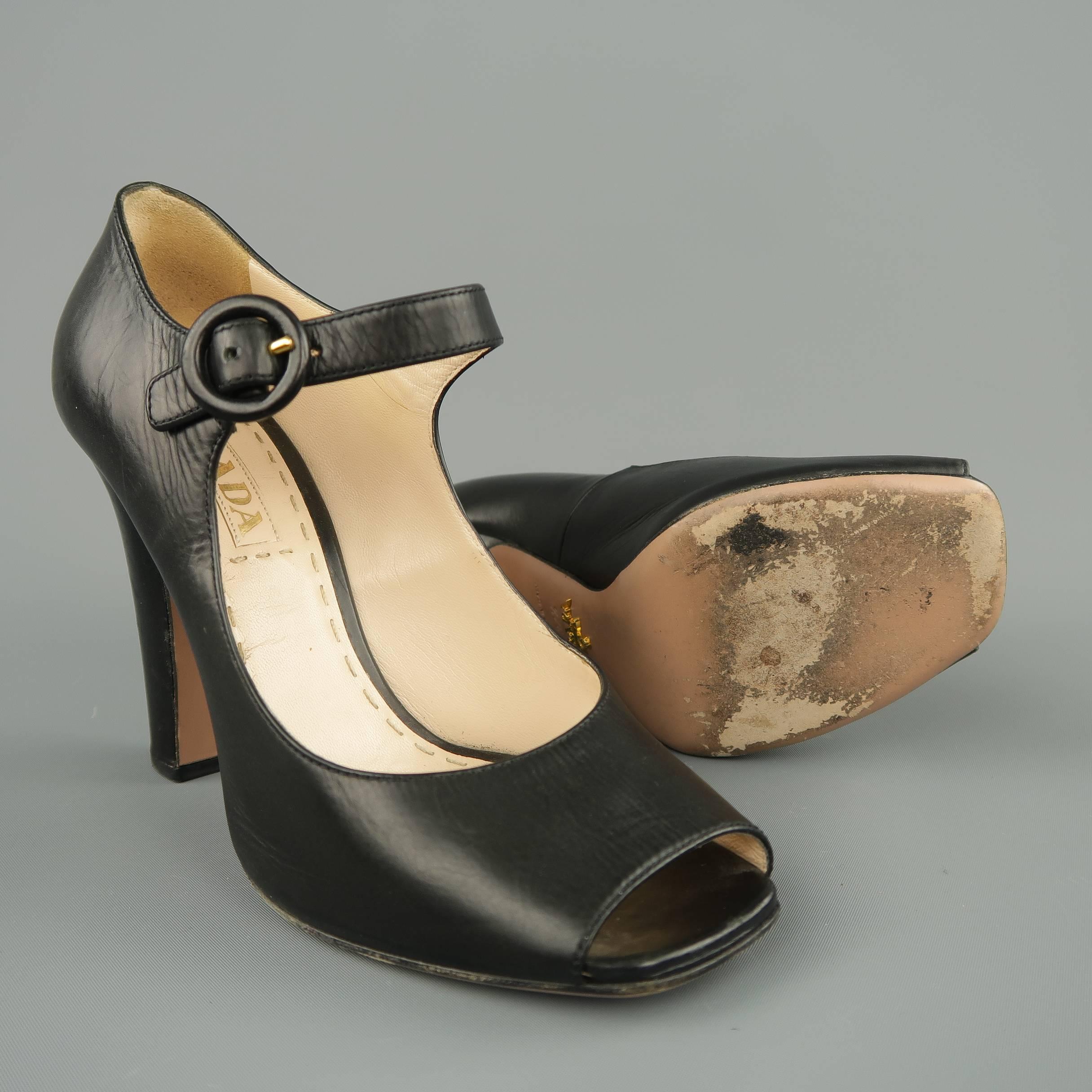 Women's PRADA Size 7.5 Black Leather Mary Jane Peep Toe Pumps
