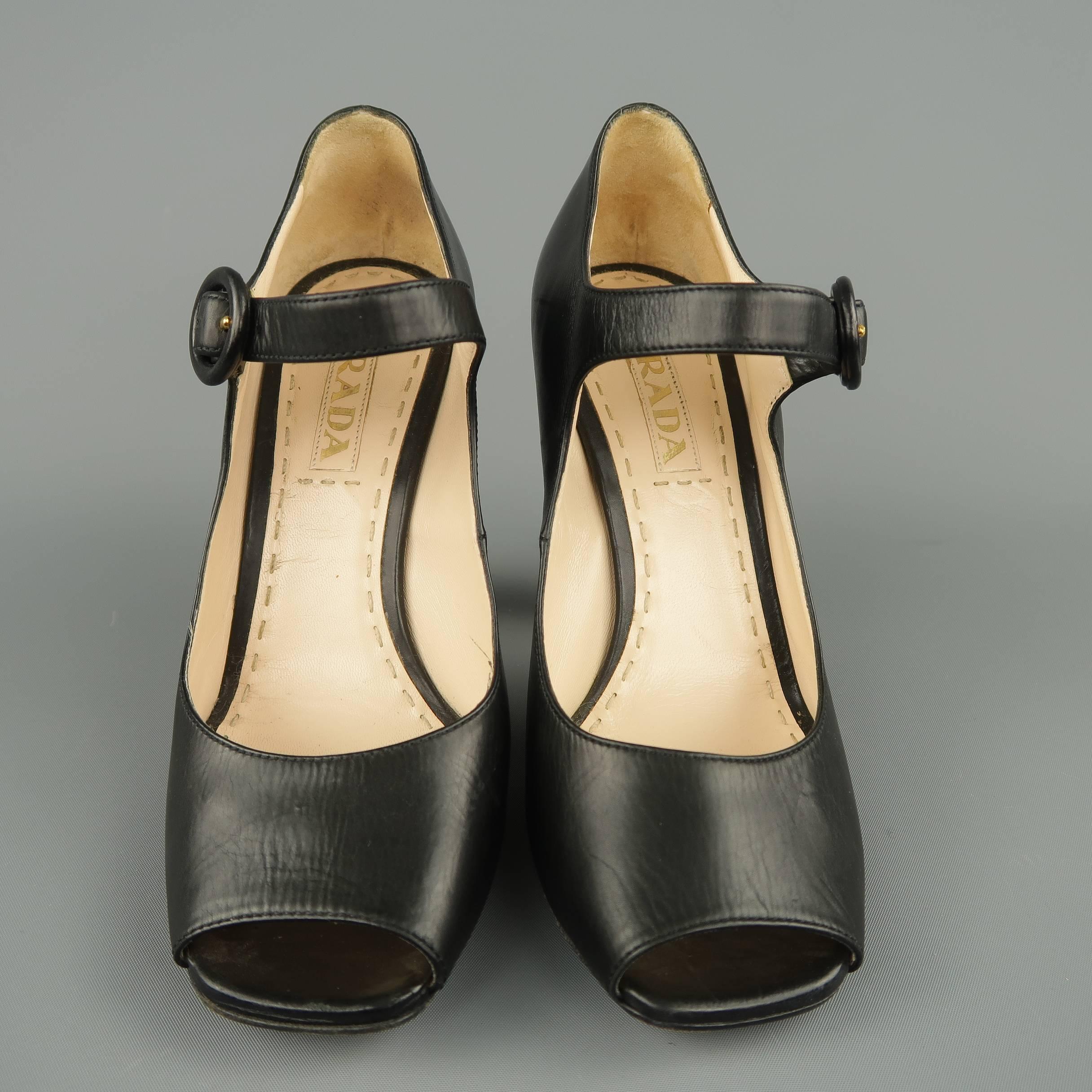 PRADA Size 7.5 Black Leather Mary Jane Peep Toe Pumps 1